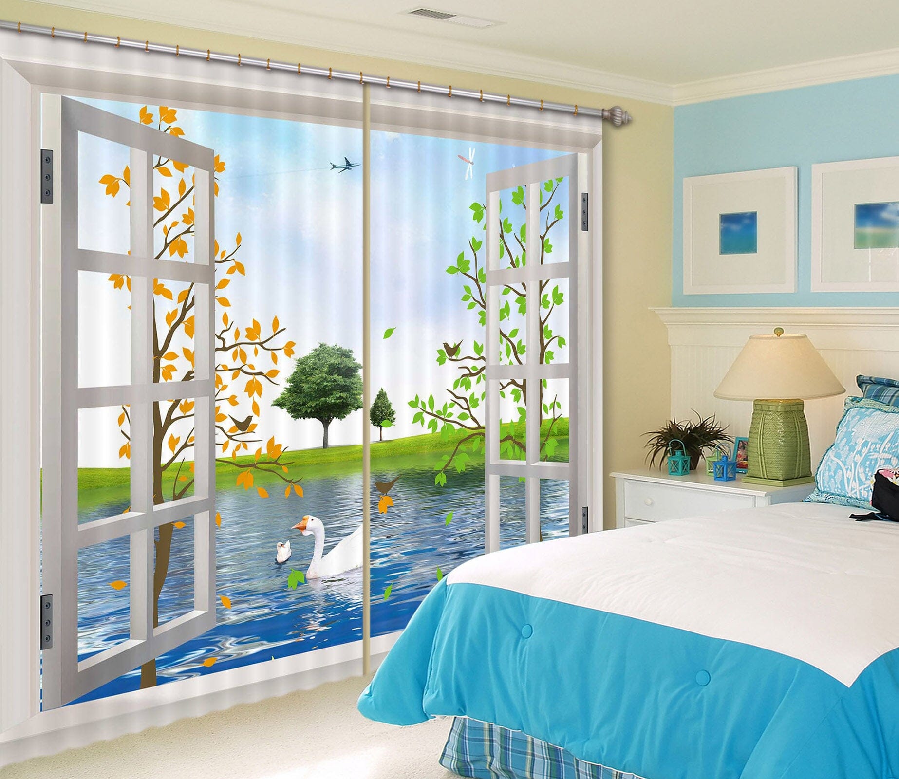 3D Swan Meadow 113 Curtains Drapes Wallpaper AJ Wallpaper 