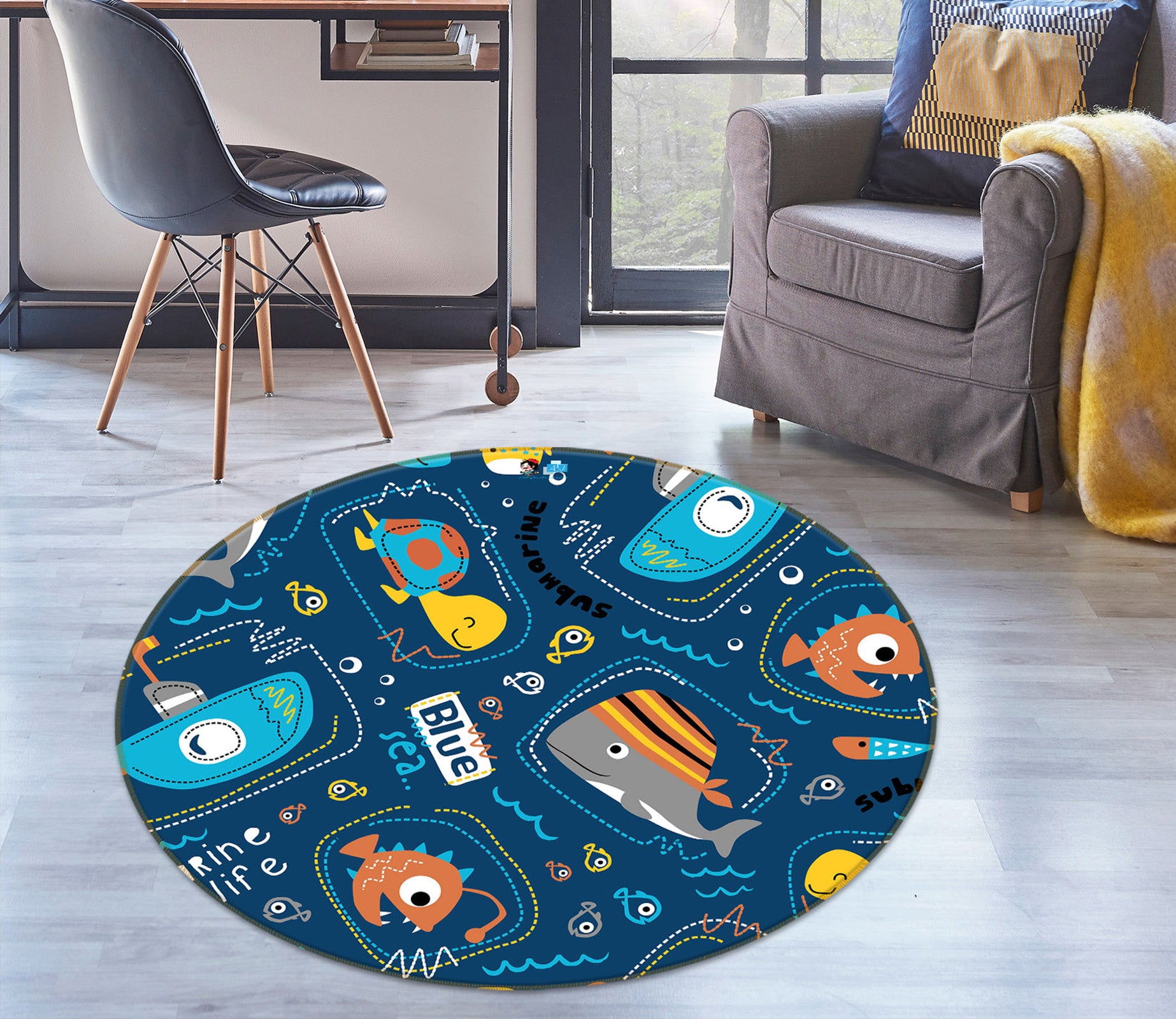 3D Submarine Fish Turtle 75086 Round Non Slip Rug Mat