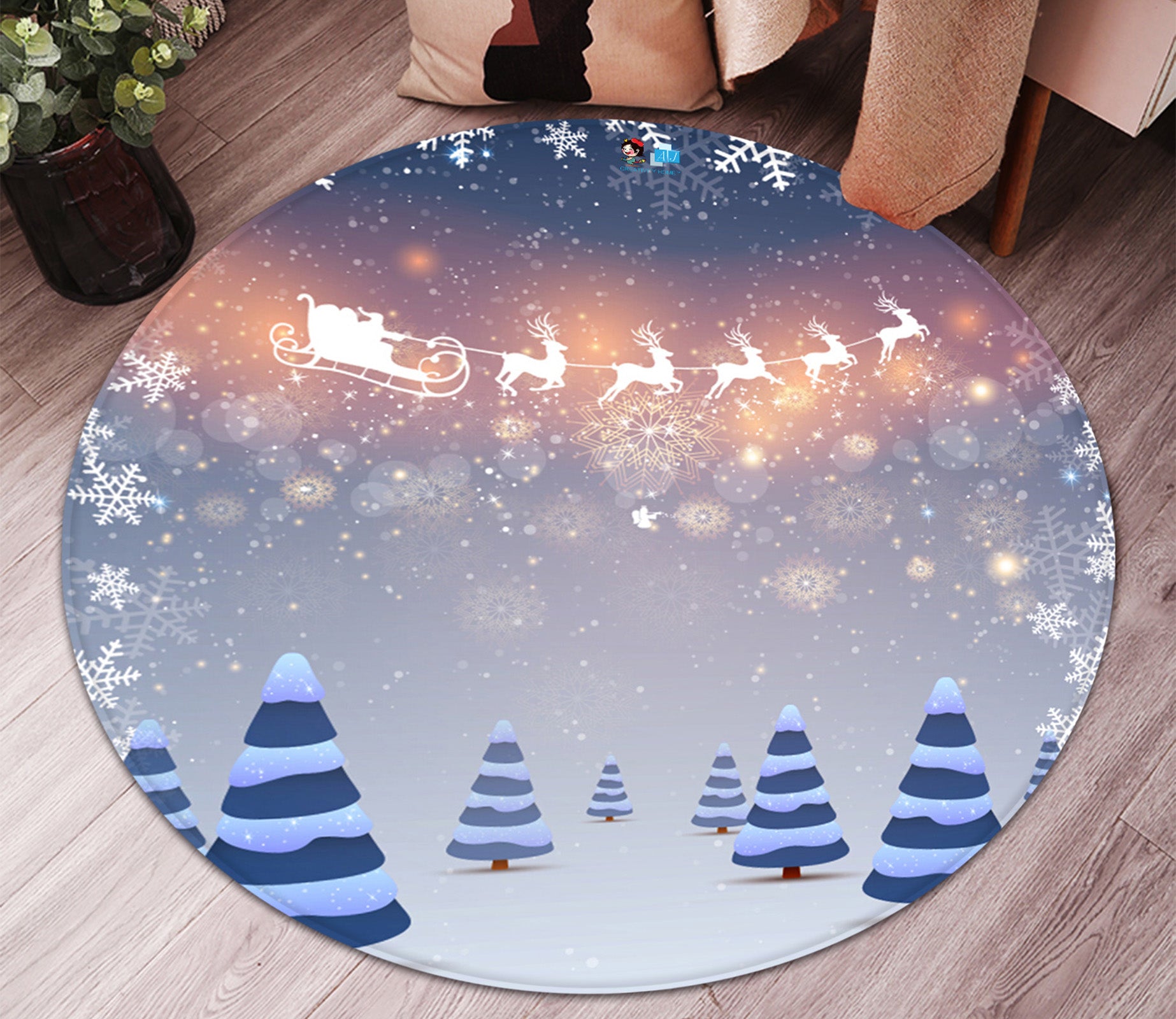 3D Snowflake Tree 65238 Christmas Round Non Slip Rug Mat Xmas