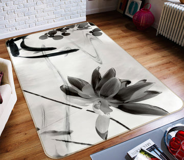 3D Black White Lotus 76018 Non Slip Rug Mat