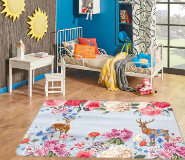 3D Flowers Deer 77073 Non Slip Rug Mat
