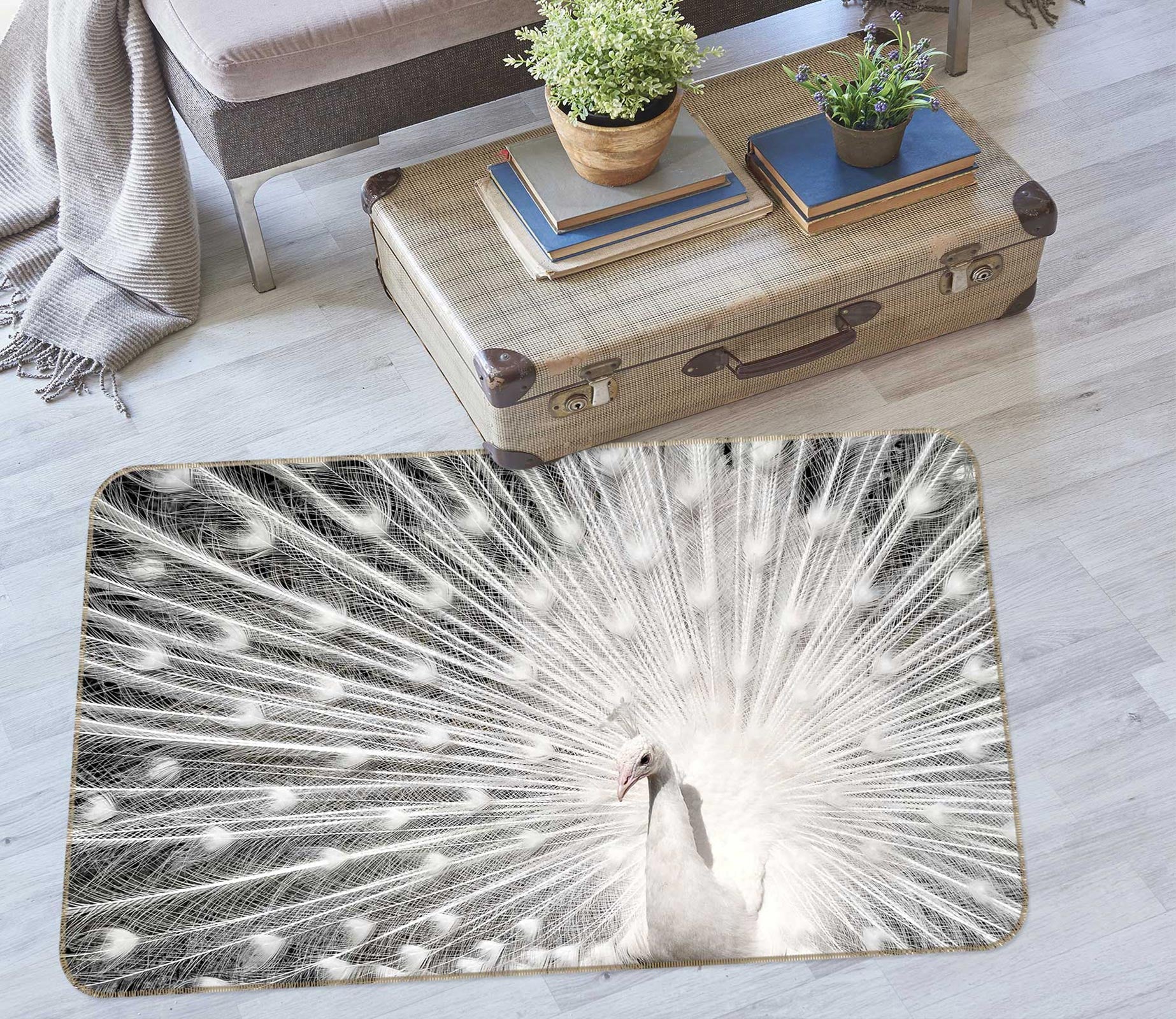 3D White Peacock 30004 Non Slip Rug Mat