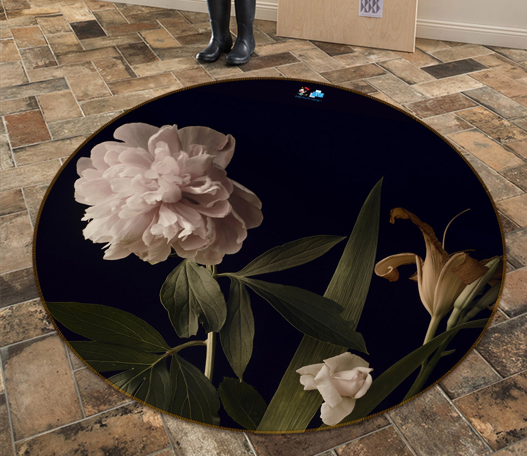 3D White Flowers 71152 Round Non Slip Rug Mat