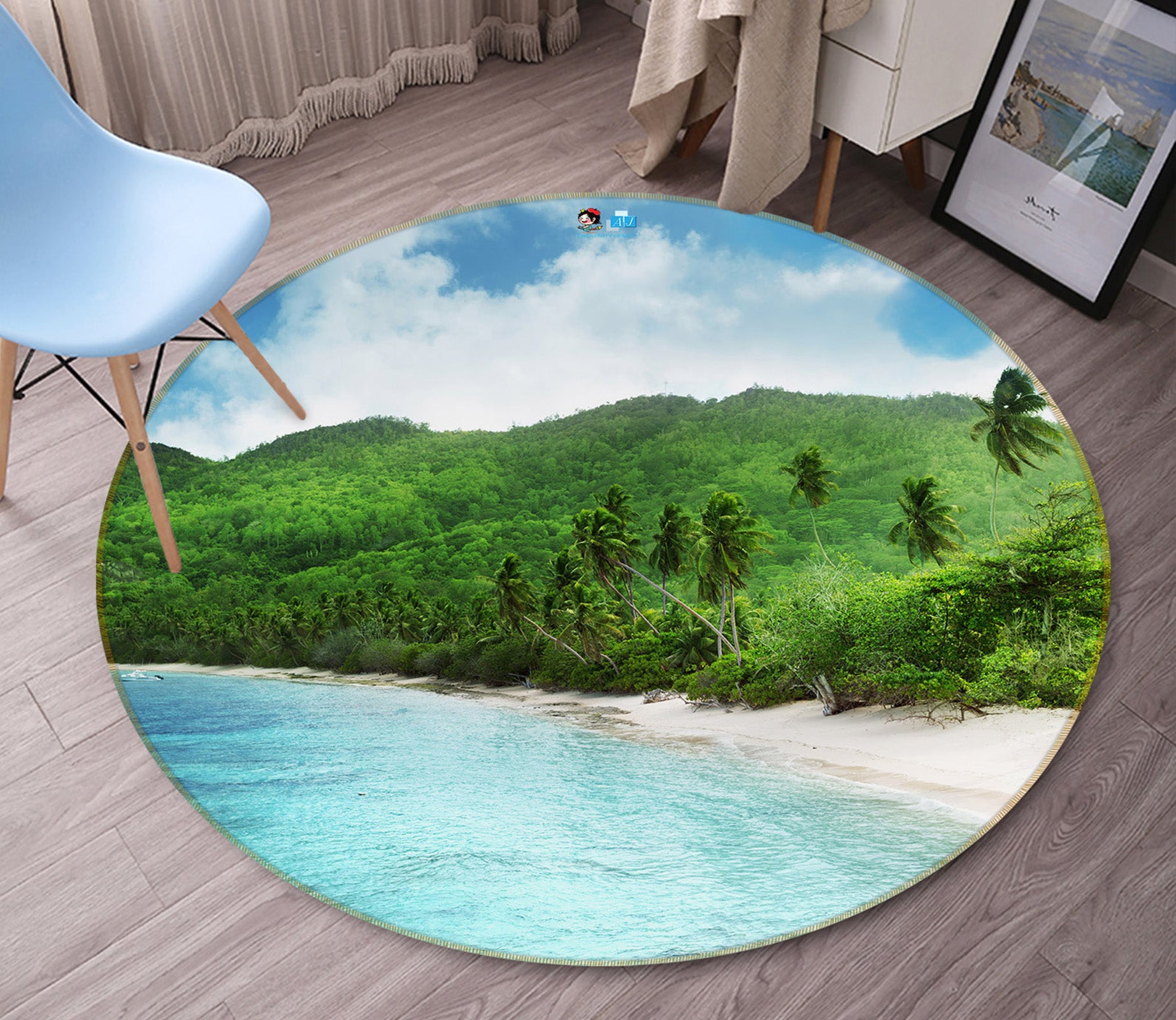 3D Seaside Coconut Grove 74094 Round Non Slip Rug Mat