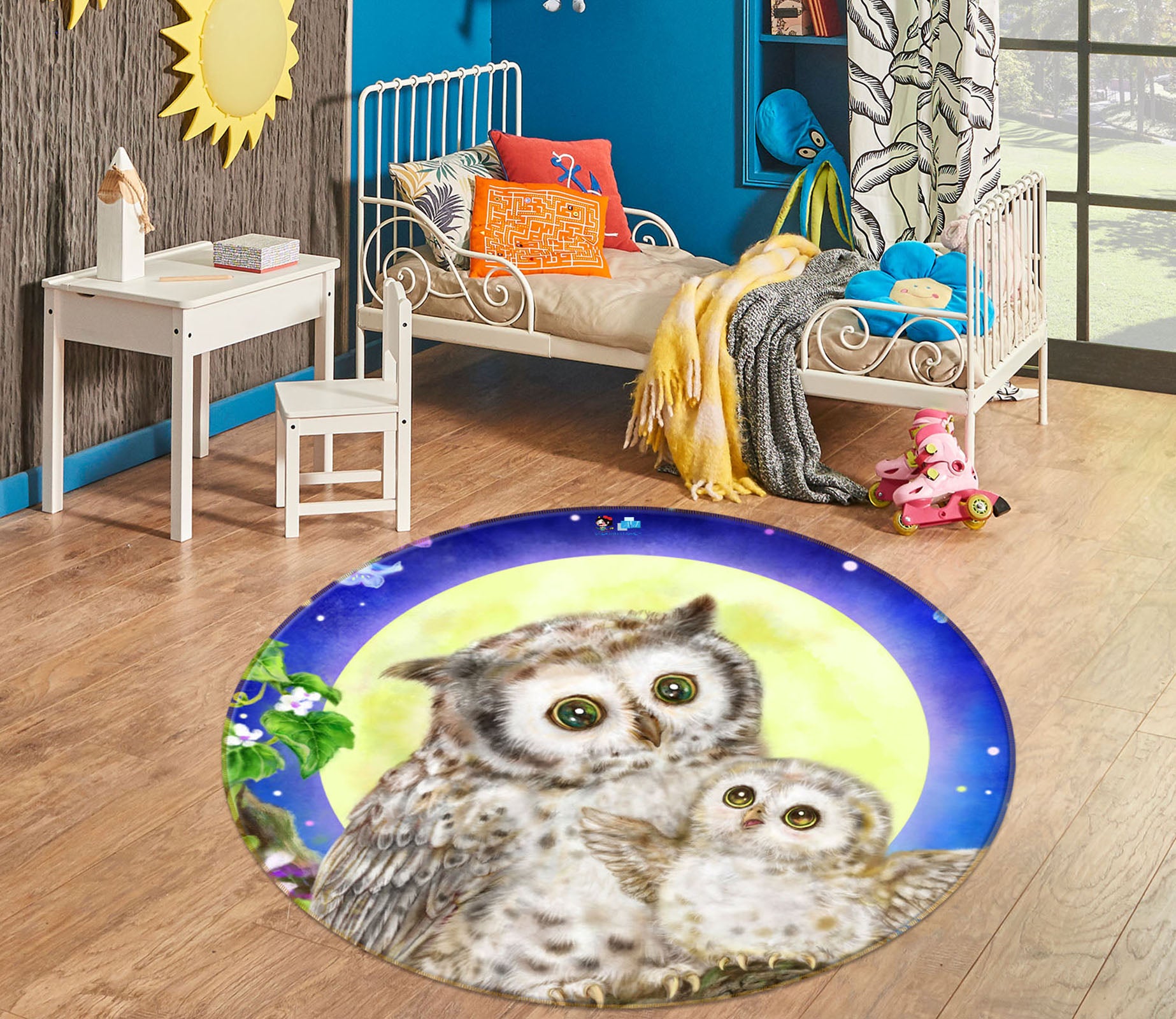 3D Moon Owl Flower 6040 Kayomi Harai Rug Round Non Slip Rug Mat