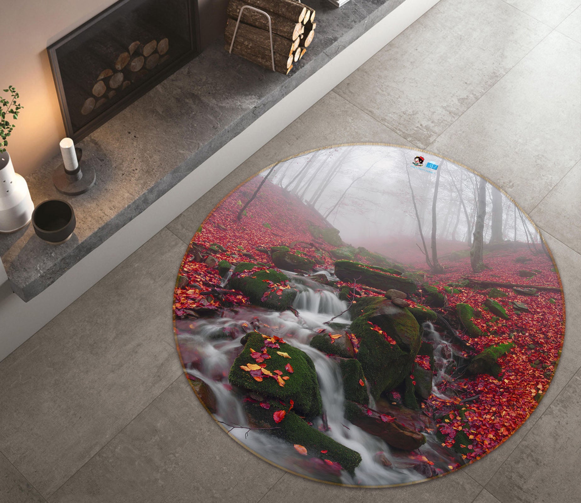 3D Maple Leaf Running Water 69064 Round Non Slip Rug Mat
