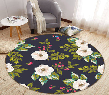 3D White Flowers 64060 Round Non Slip Rug Mat