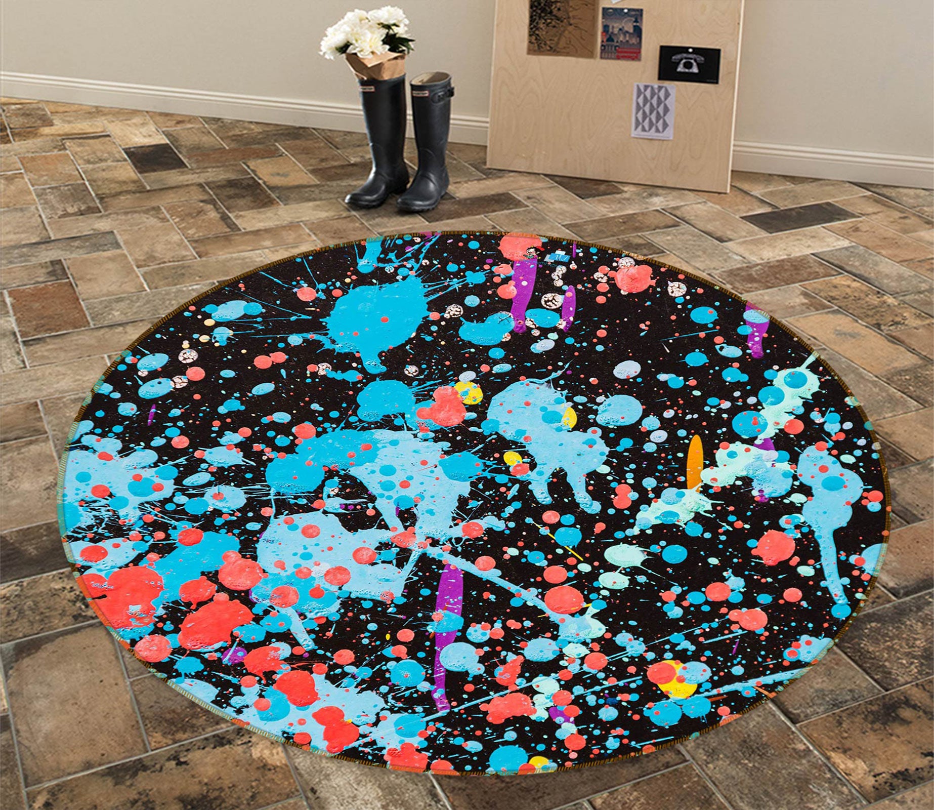 3D Blue Red Pigment 81242 Round Non Slip Rug Mat