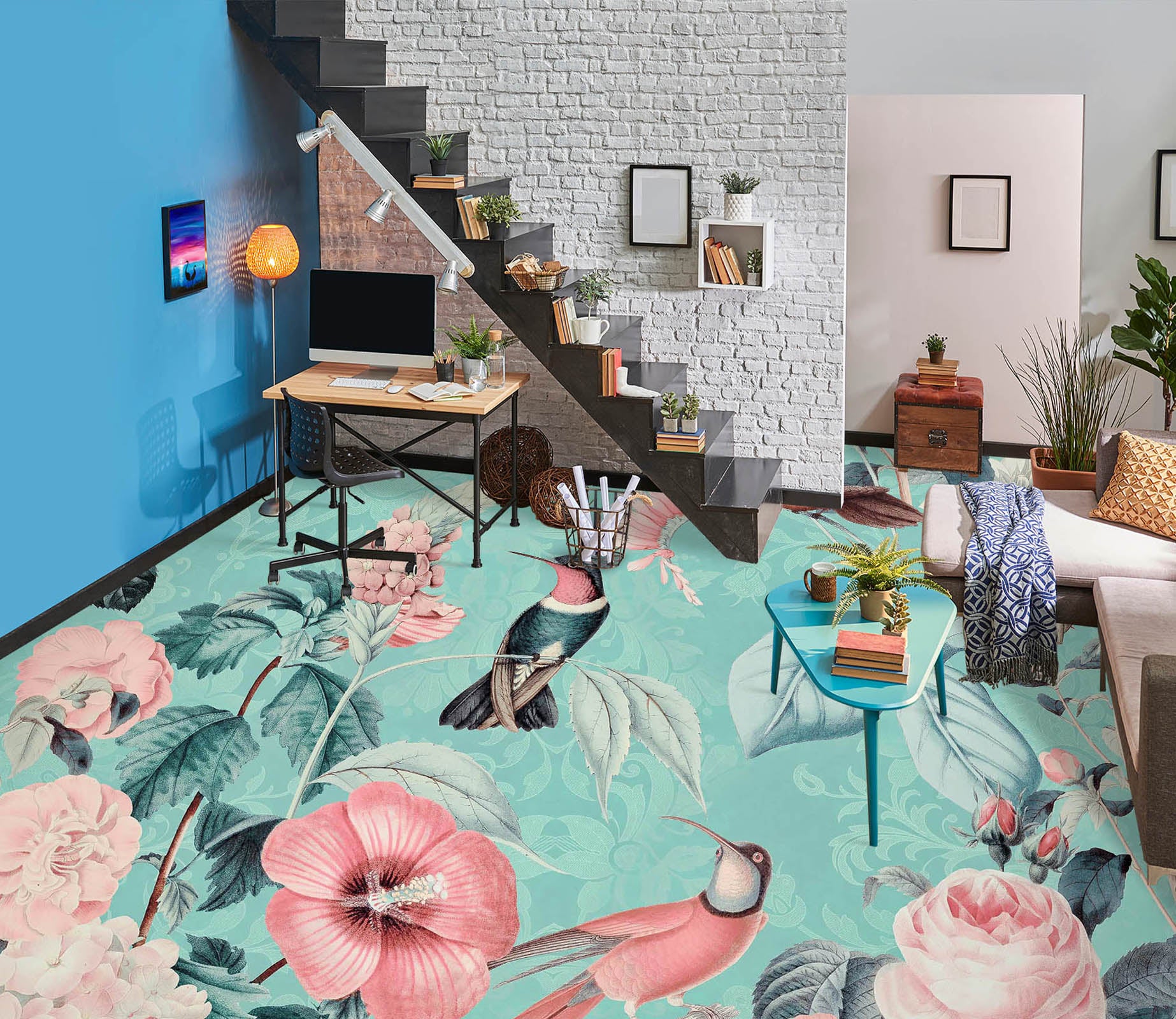 3D Bird Pink Flower 104154 Andrea Haase Floor Mural