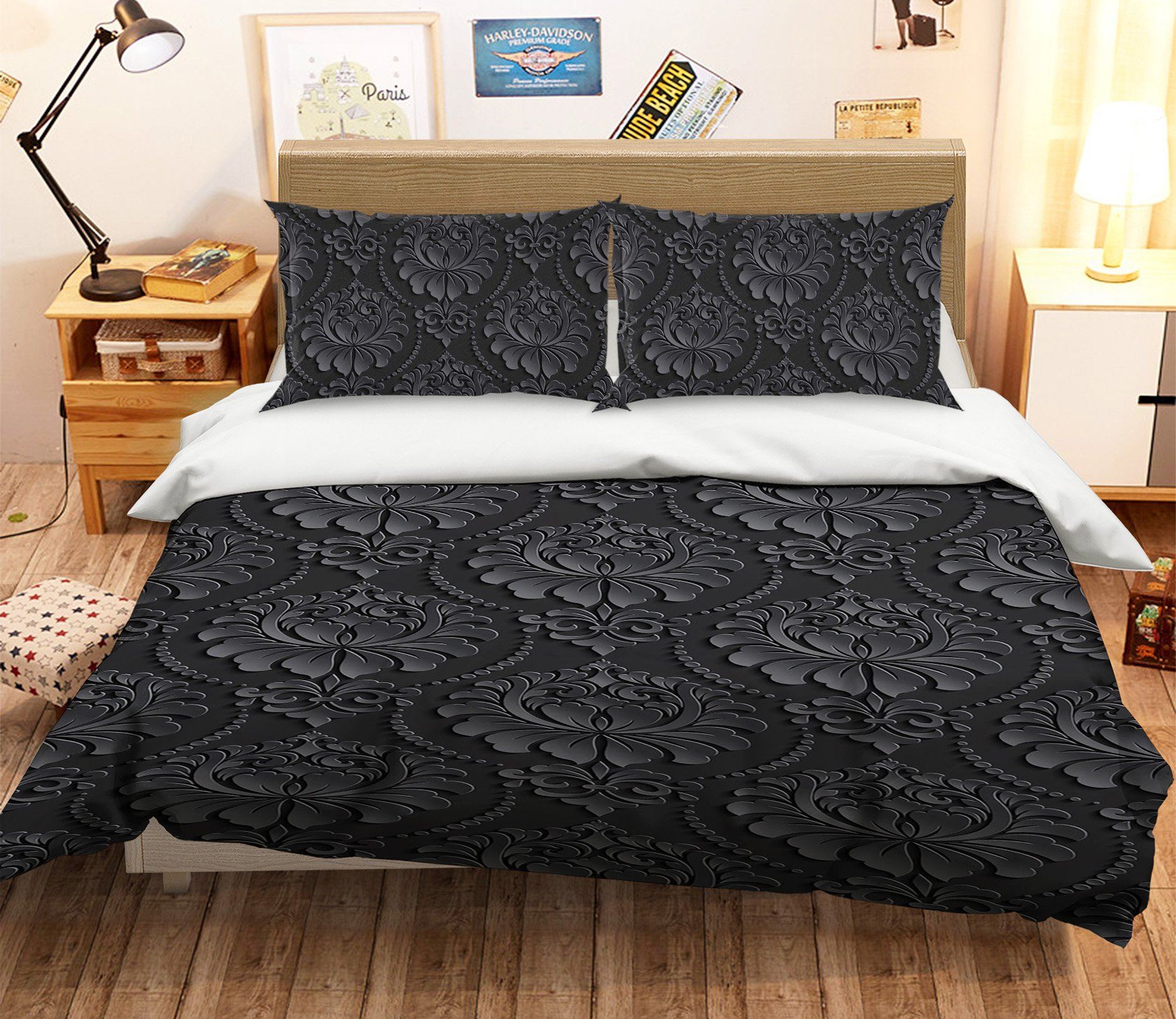 3D Black Flower Pattern 008 Bed Pillowcases Quilt Wallpaper AJ Wallpaper 