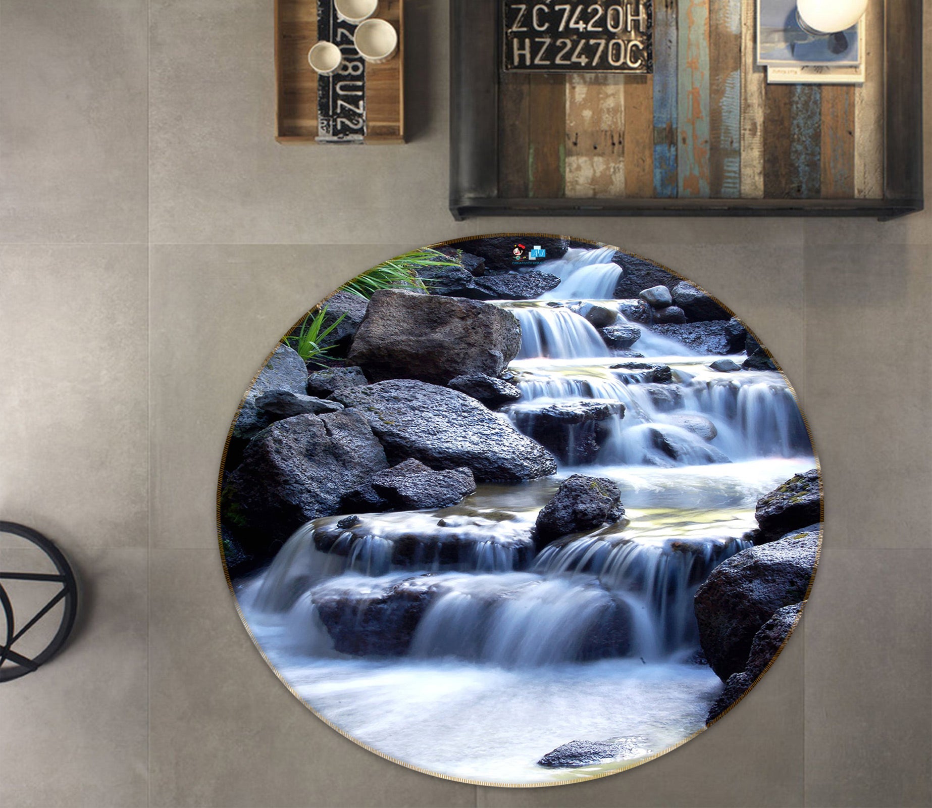 3D Stone Waterfall 72140 Round Non Slip Rug Mat