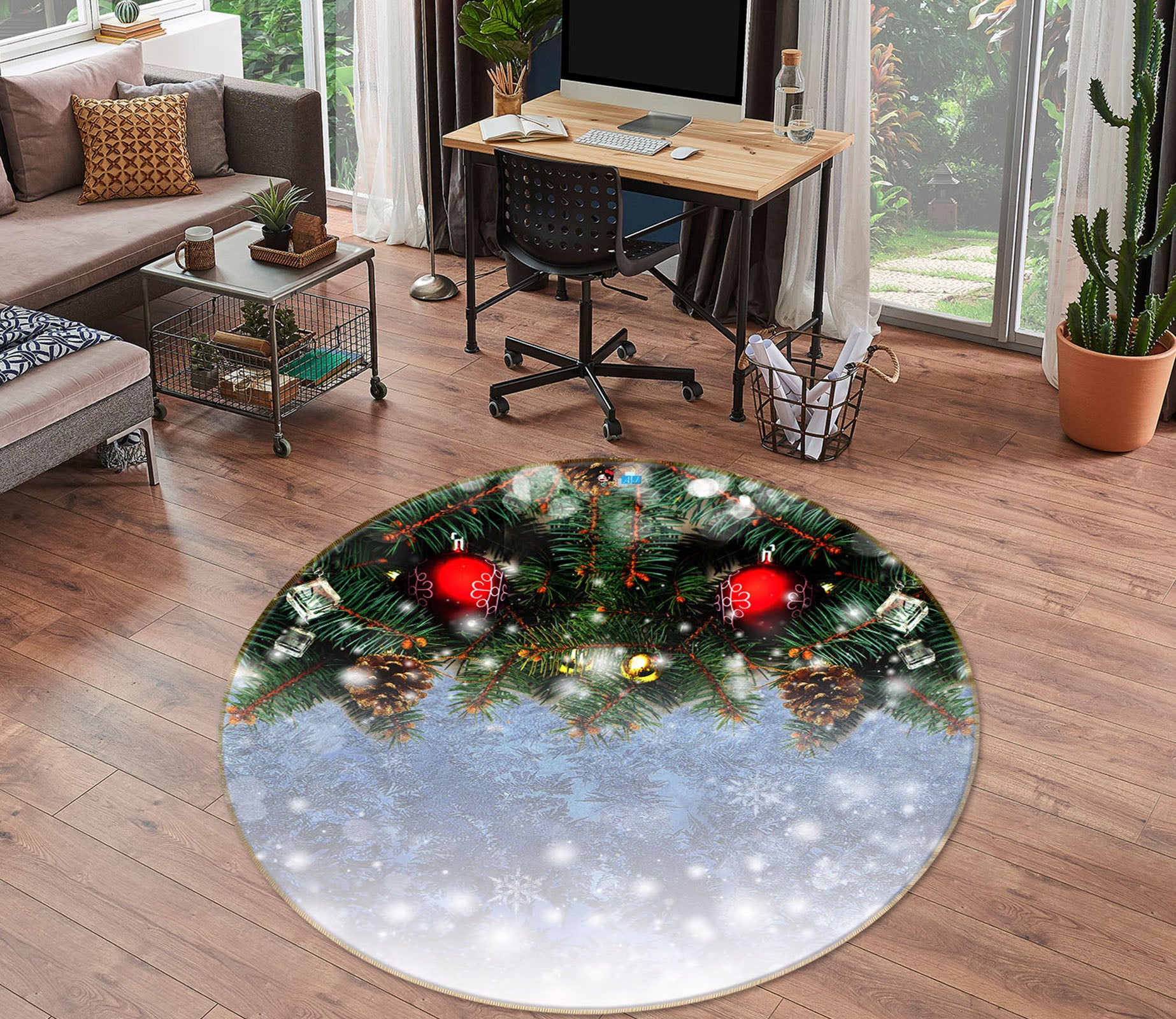 3D Snowflake Branches 54187 Christmas Round Non Slip Rug Mat Xmas