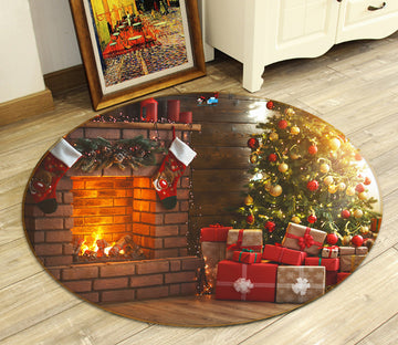 3D Fireplace Gift 54170 Christmas Round Non Slip Rug Mat Xmas