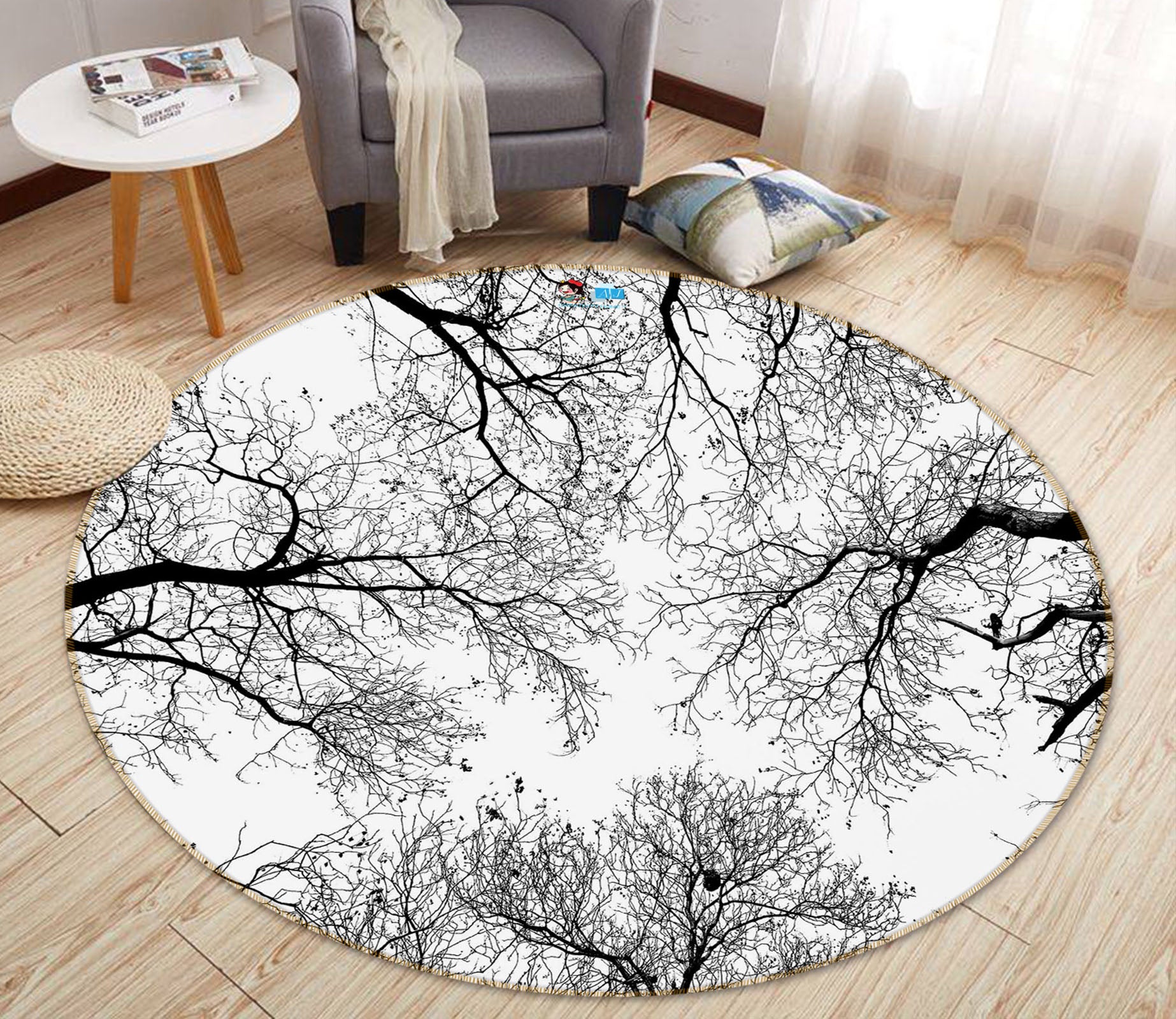 3D Black White Branches 74079 Round Non Slip Rug Mat