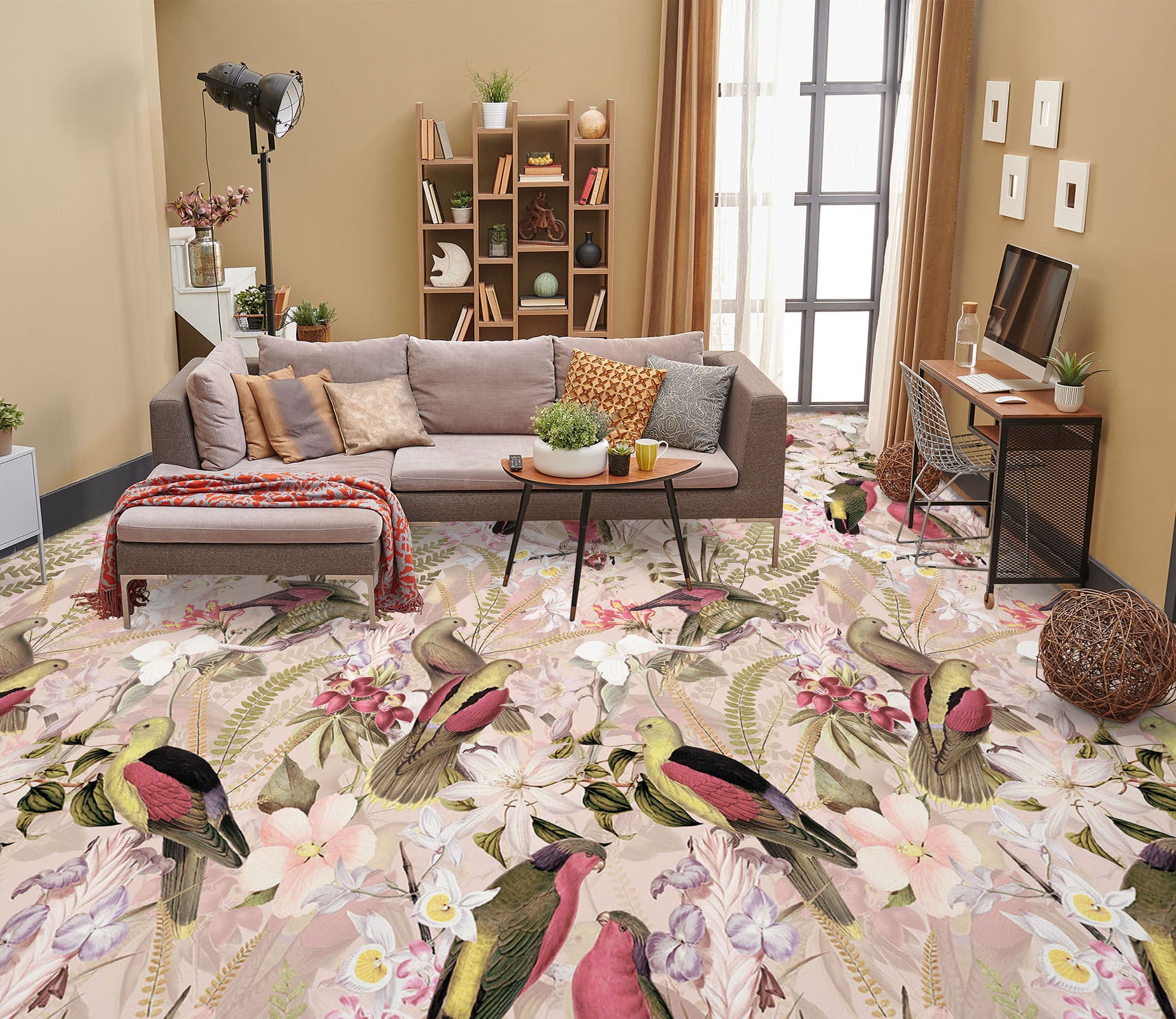 3D Flower Bird Pattern 99176 Uta Naumann Floor Mural