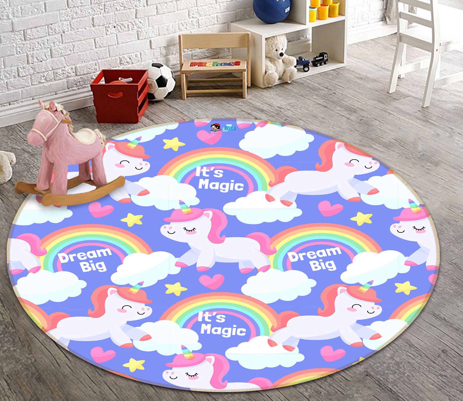 3D Unicorn Rainbow Pattern 81079 Round Non Slip Rug Mat
