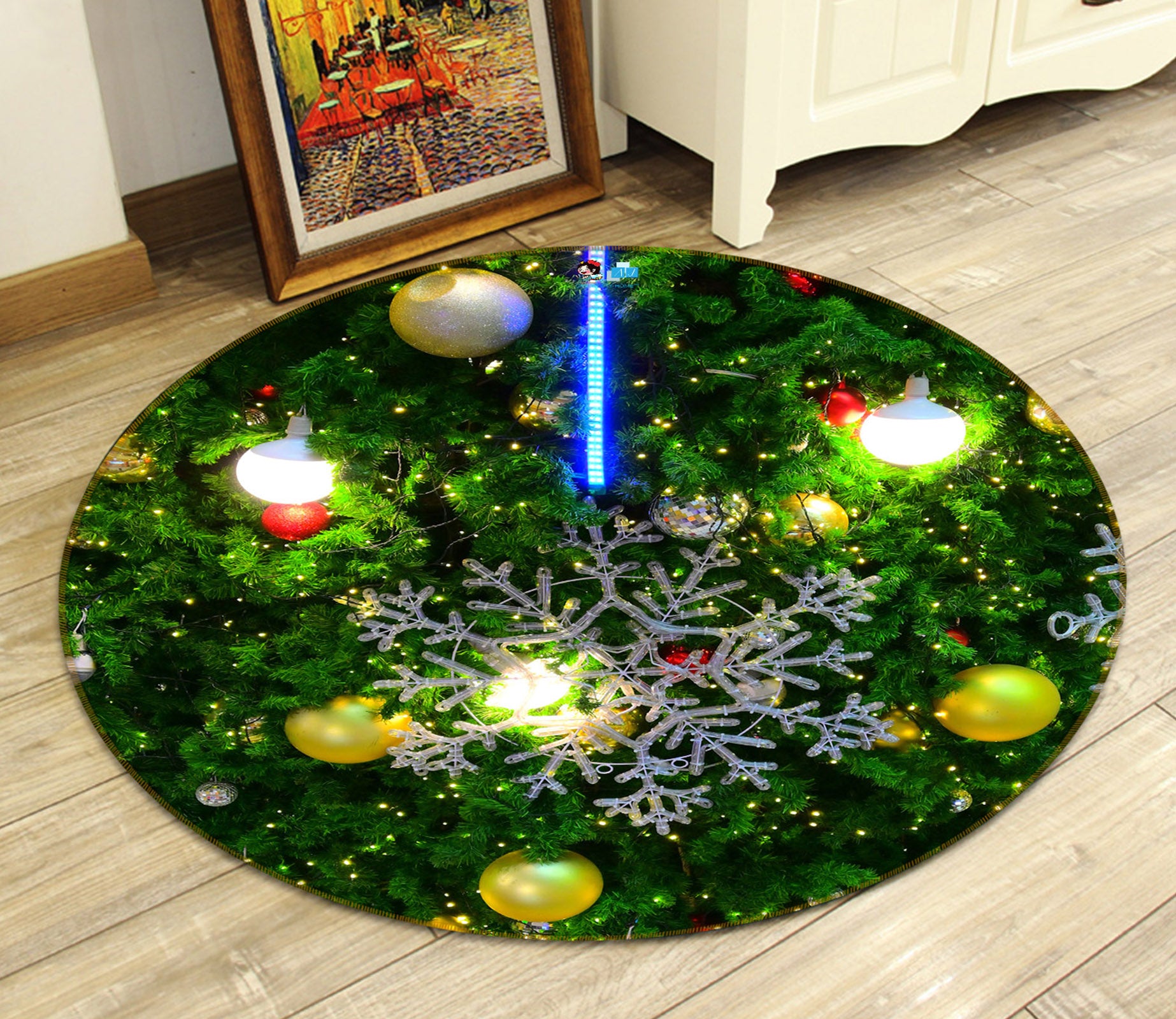 3D Tree Ball Pendant 54198 Christmas Round Non Slip Rug Mat Xmas