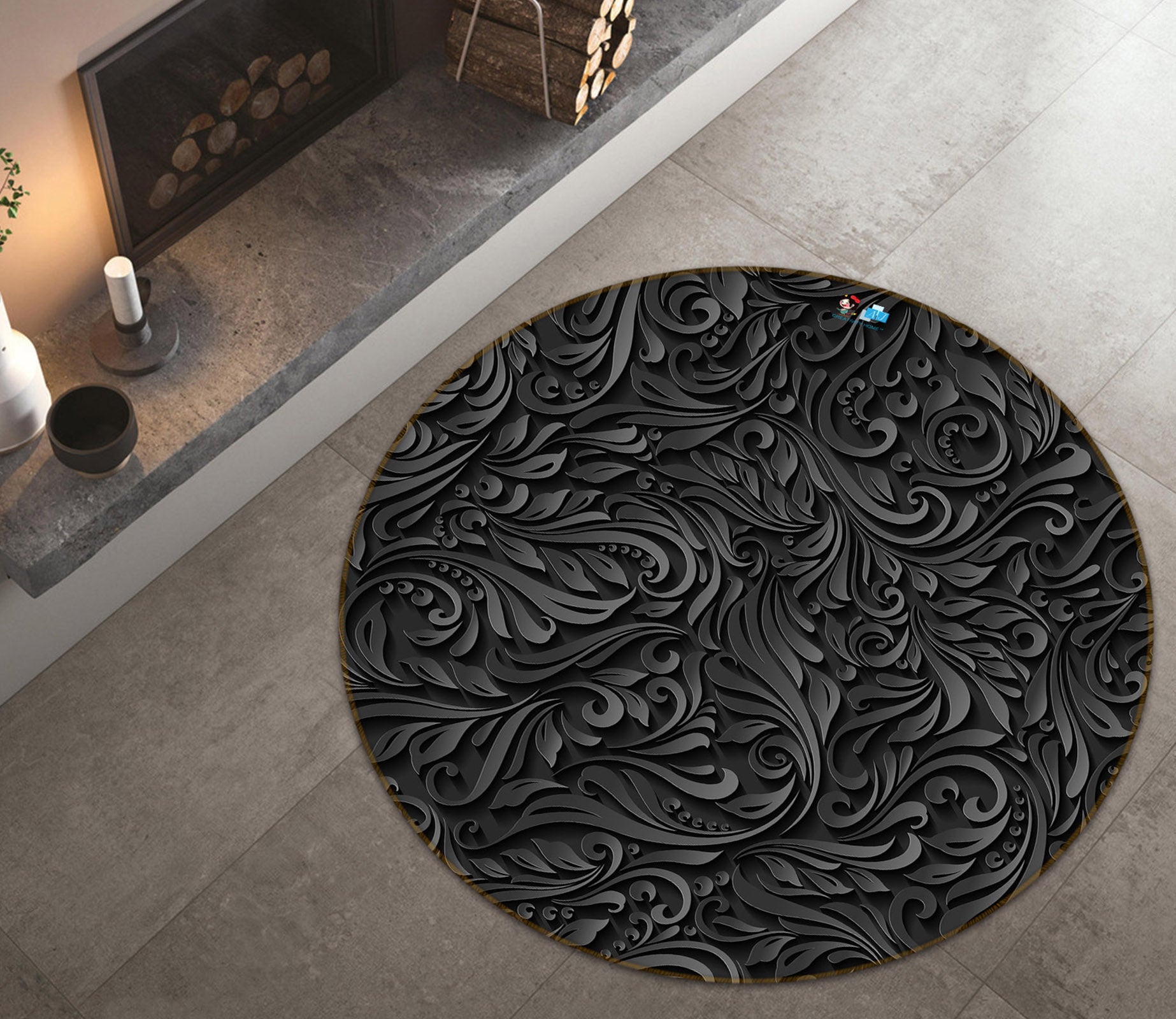 3D Black Pattern 72099 Round Non Slip Rug Mat