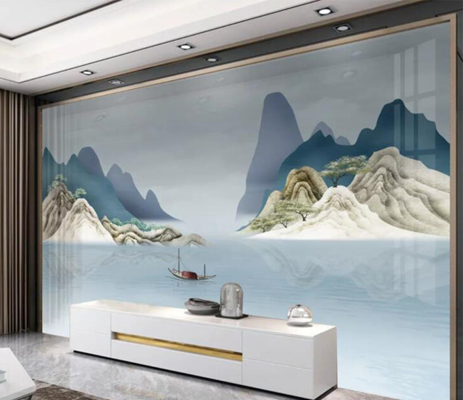 3D Sea Boat Hill WC2652 Wall Murals
