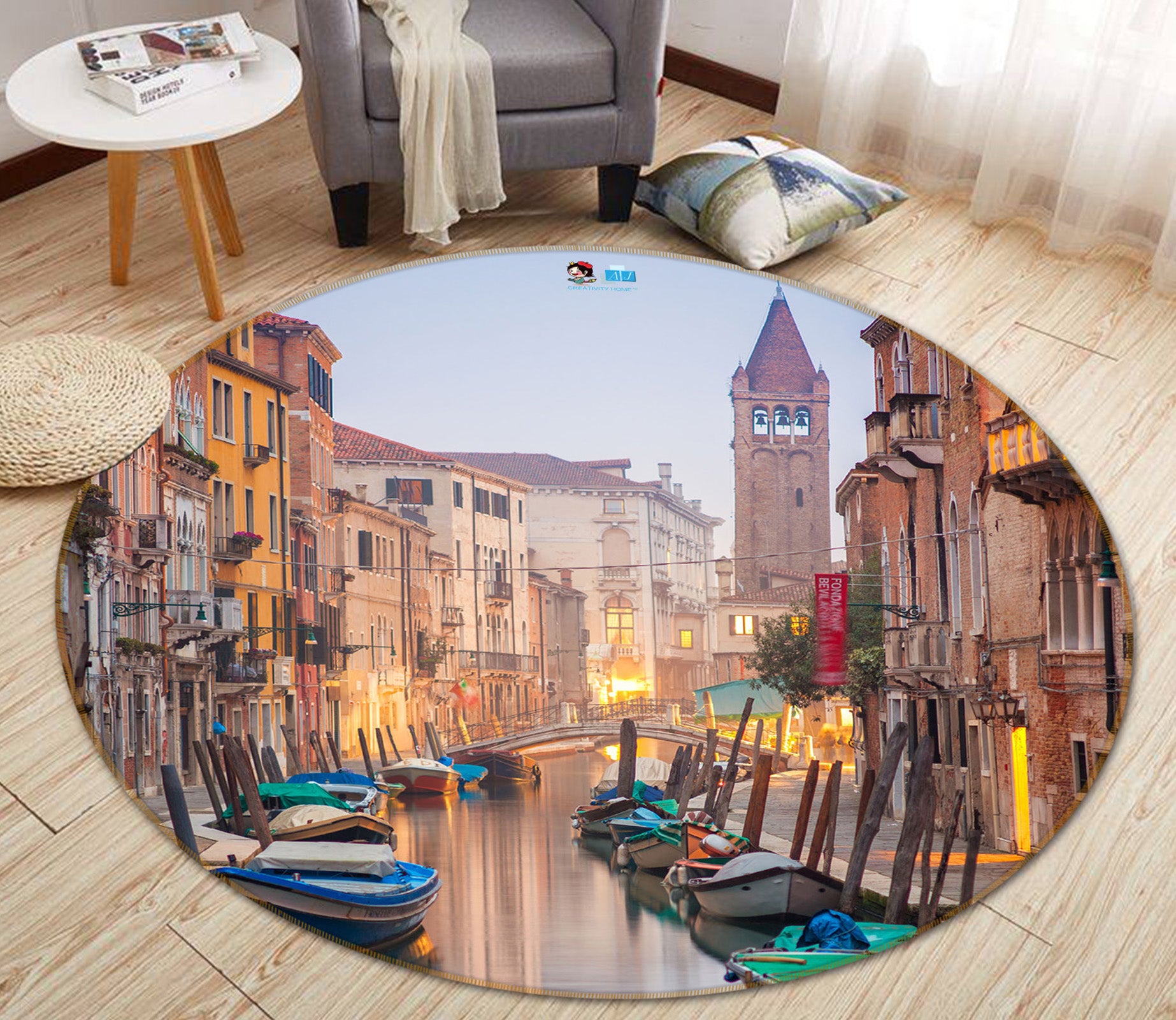 3D Venice On The Water Ferry 72042 Round Non Slip Rug Mat