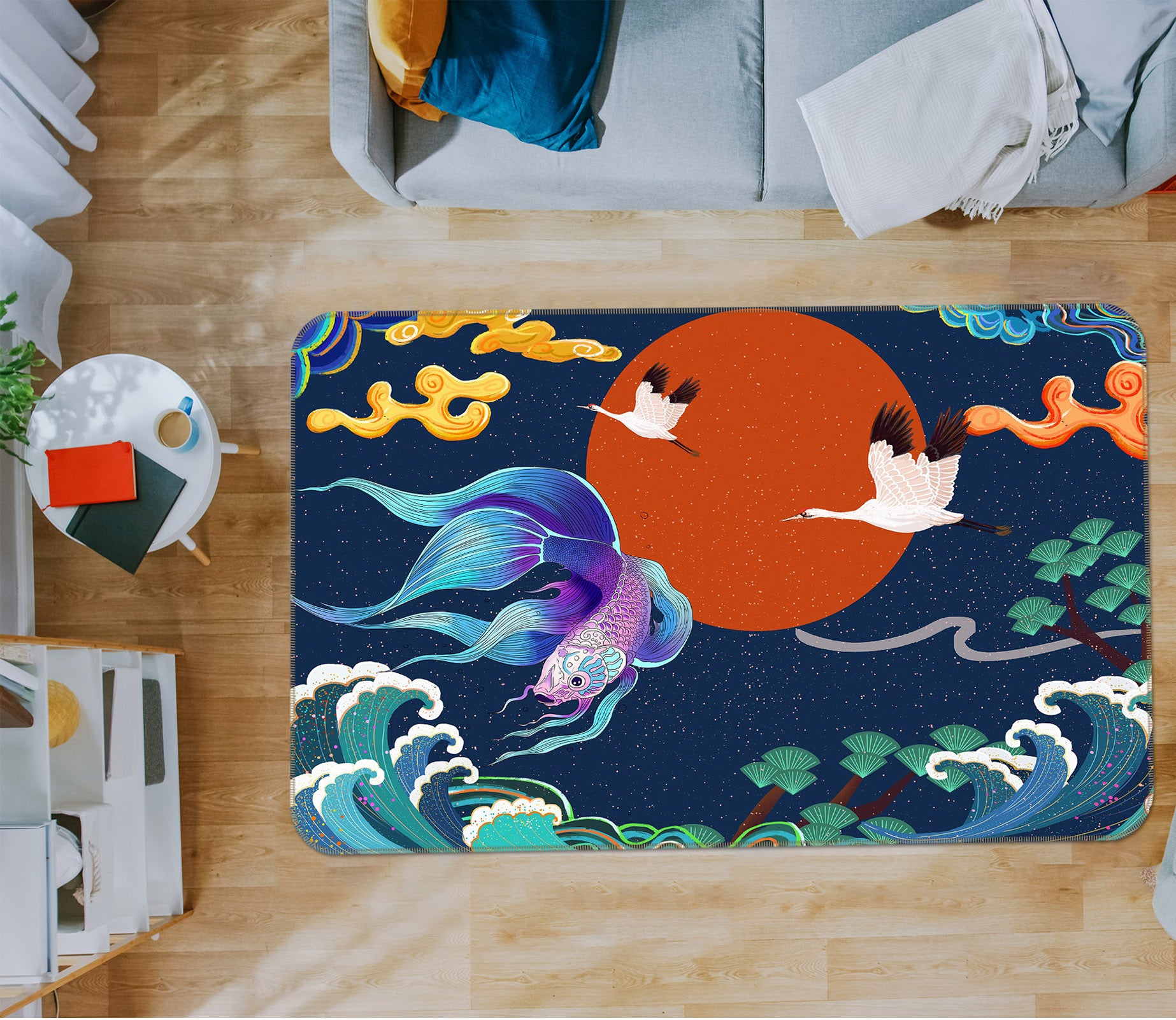 3D Cloud Crane Fish Sun 65069 Non Slip Rug Mat
