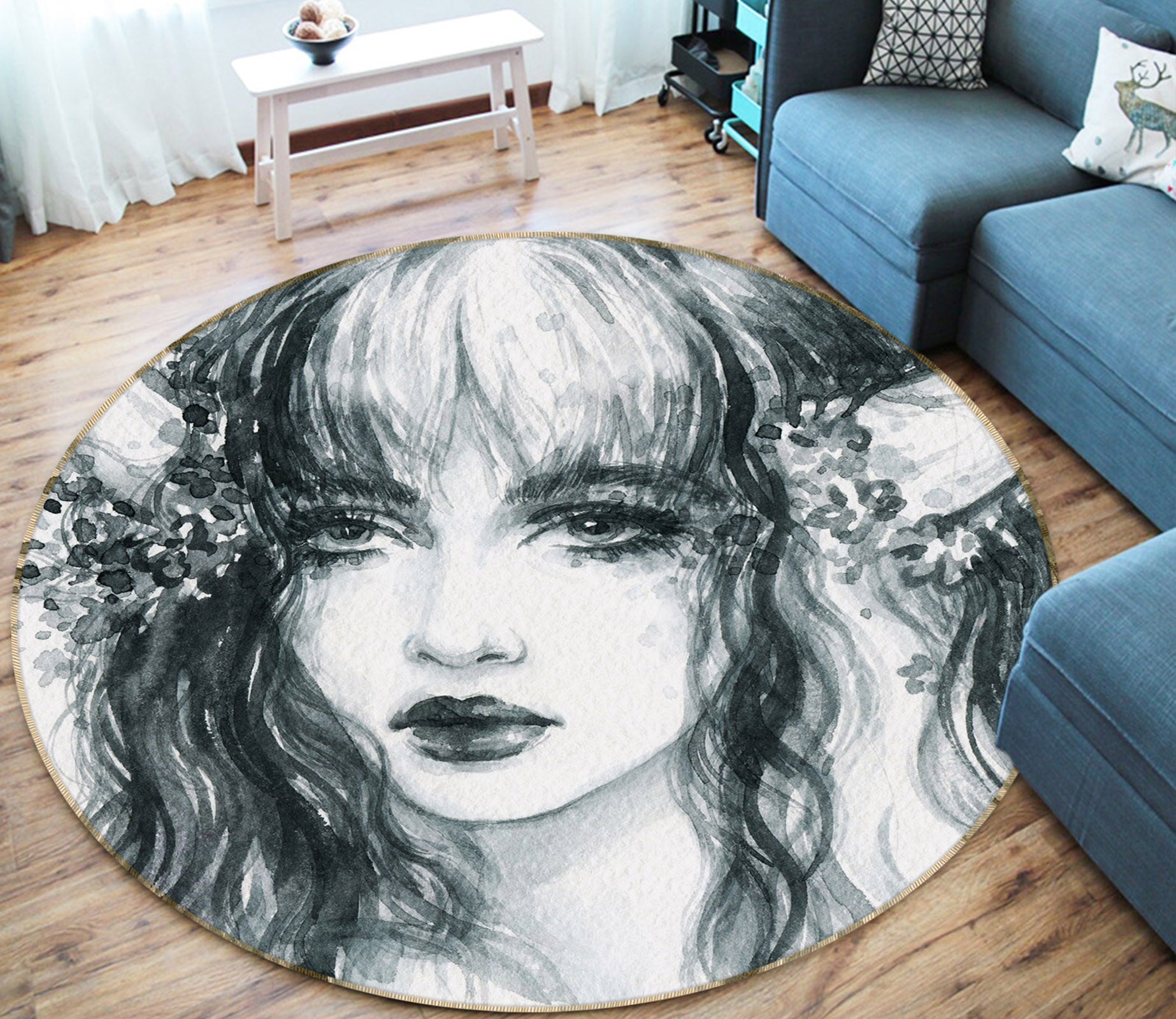 3D Beautiful Curly Hair Women 37030 Round Non Slip Rug Mat