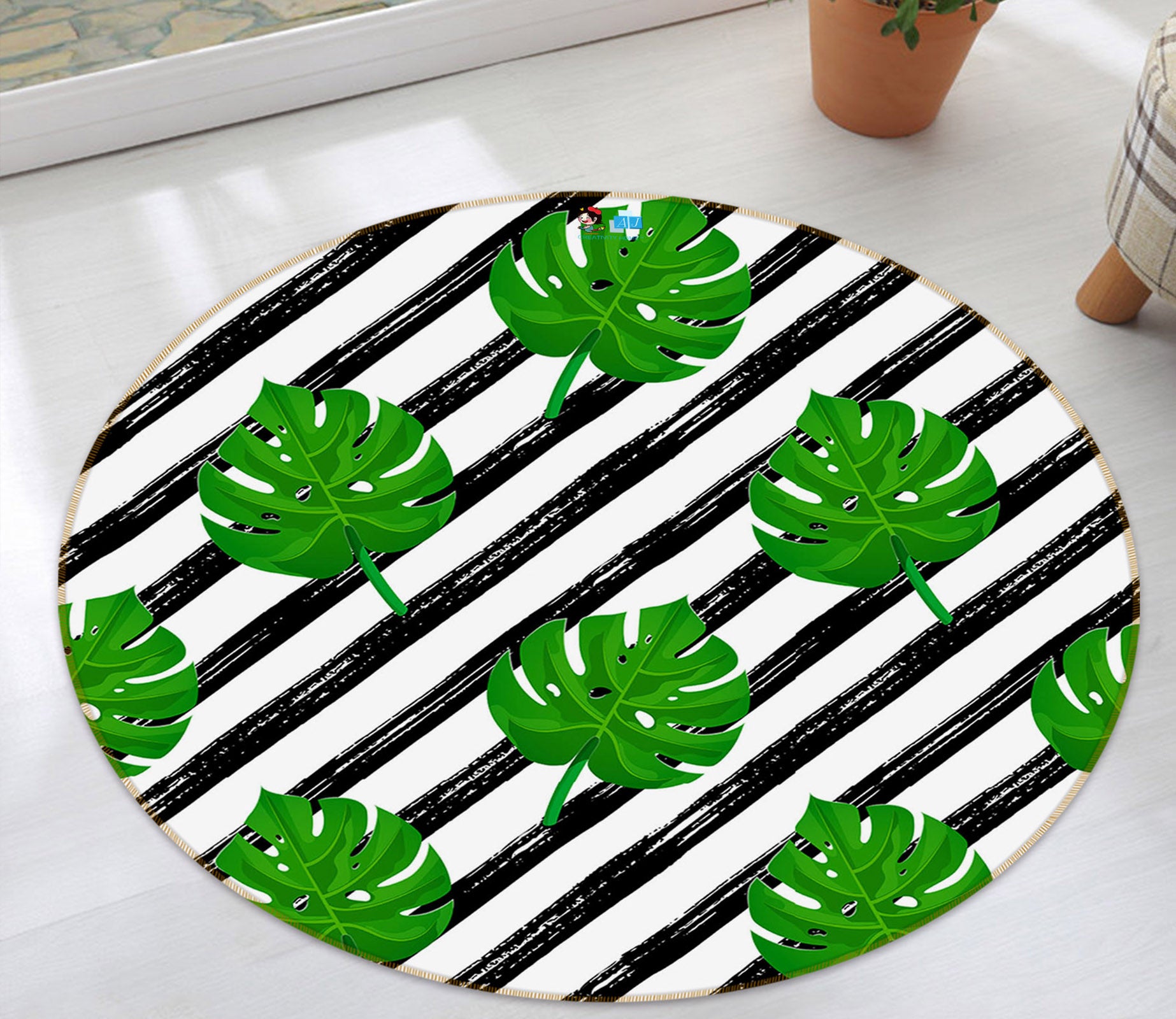 3D Leaf Pattern 75093 Round Non Slip Rug Mat