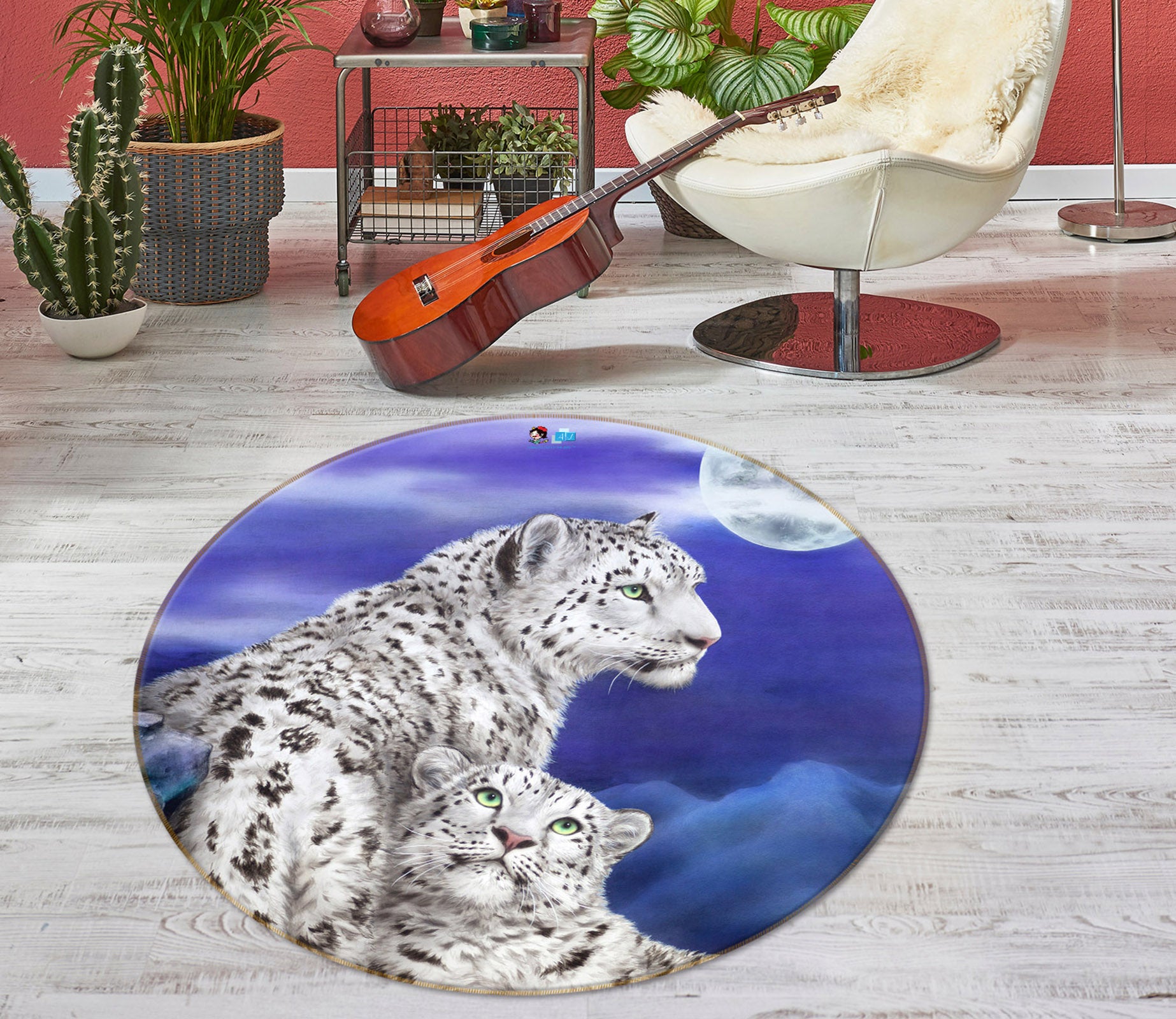 3D White Tiger Moon 6045 Kayomi Harai Rug Round Non Slip Rug Mat