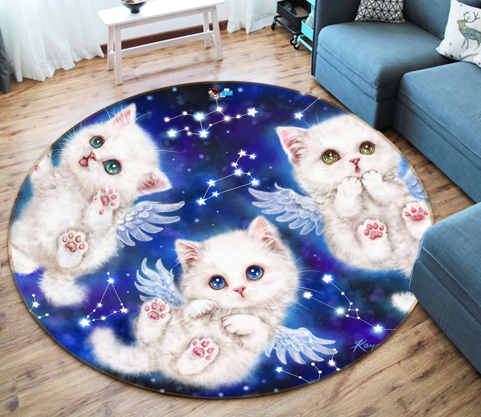 3D Angel Cat 6071 Kayomi Harai Rug Round Non Slip Rug Mat