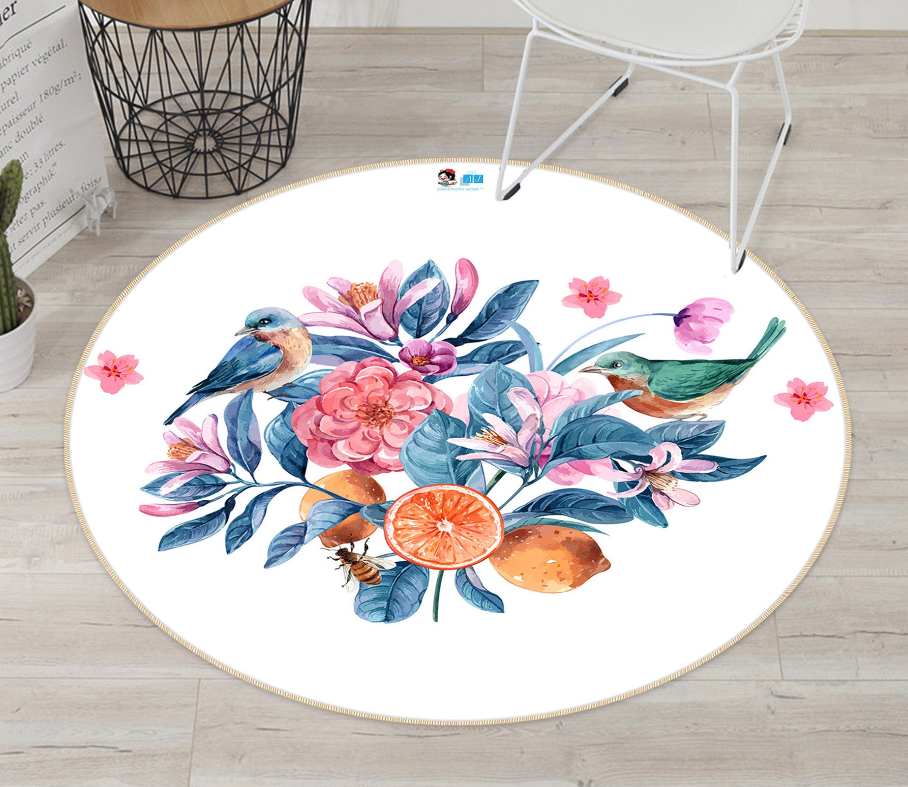3D Flowers Birds 81036 Round Non Slip Rug Mat