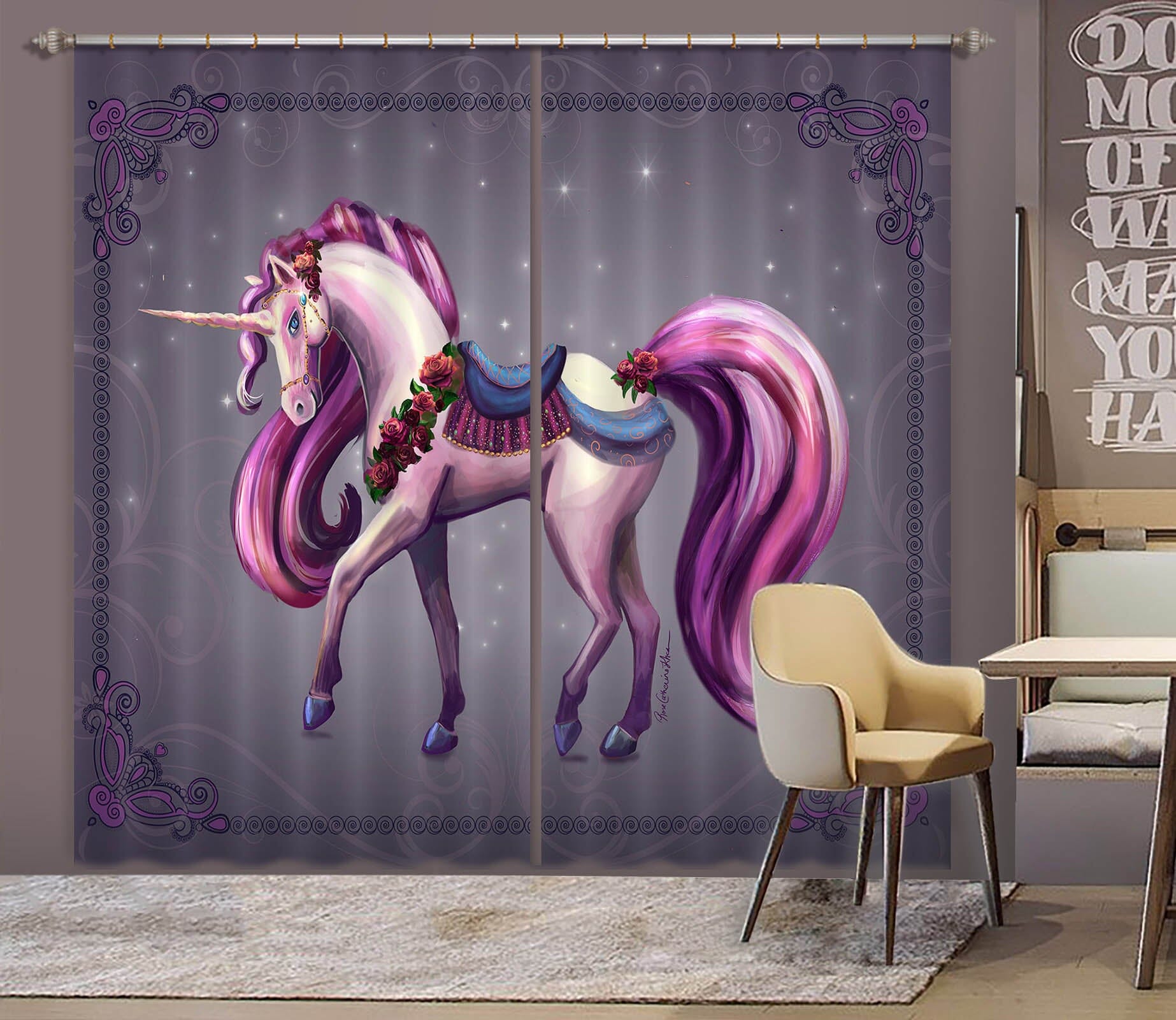 3D Purple Unicorn 118 Rose Catherine Khan Curtain Curtains Drapes Curtains AJ Creativity Home 