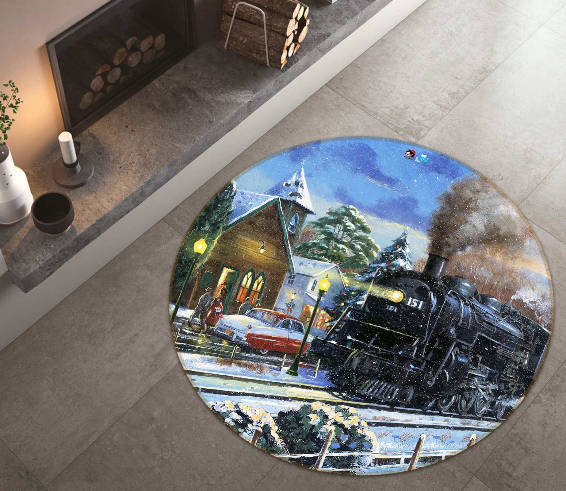 3D Black Train 056 Kevin Walsh Rug Round Non Slip Rug Mat