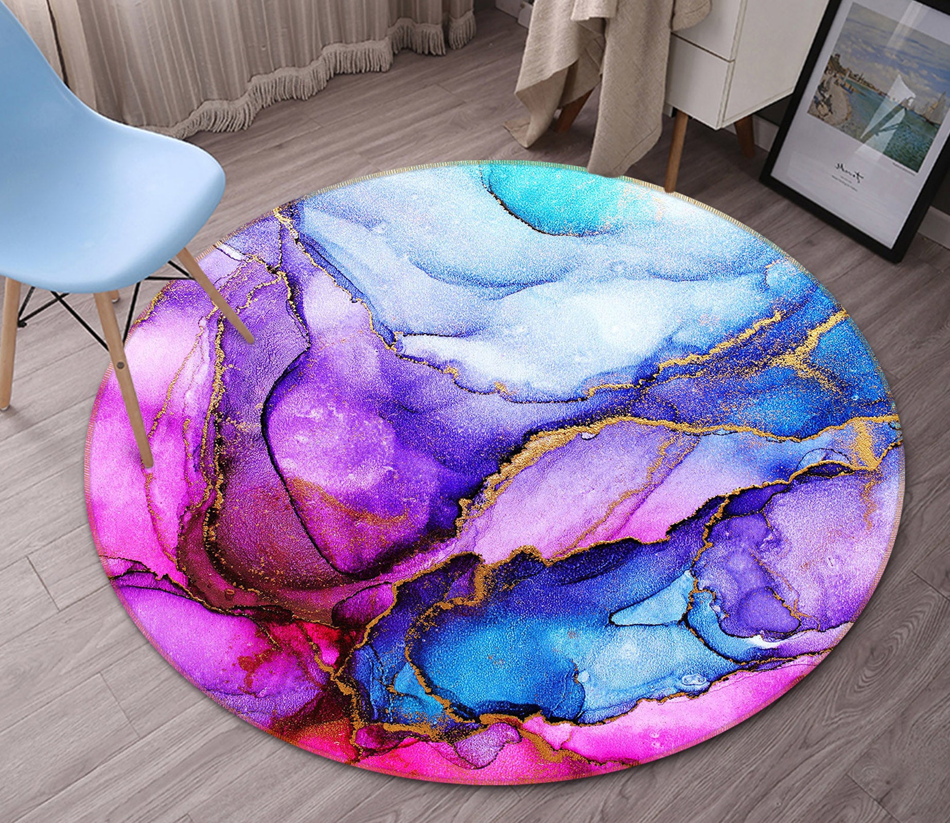 3D Purple Blue Pattern 71246 Round Non Slip Rug Mat