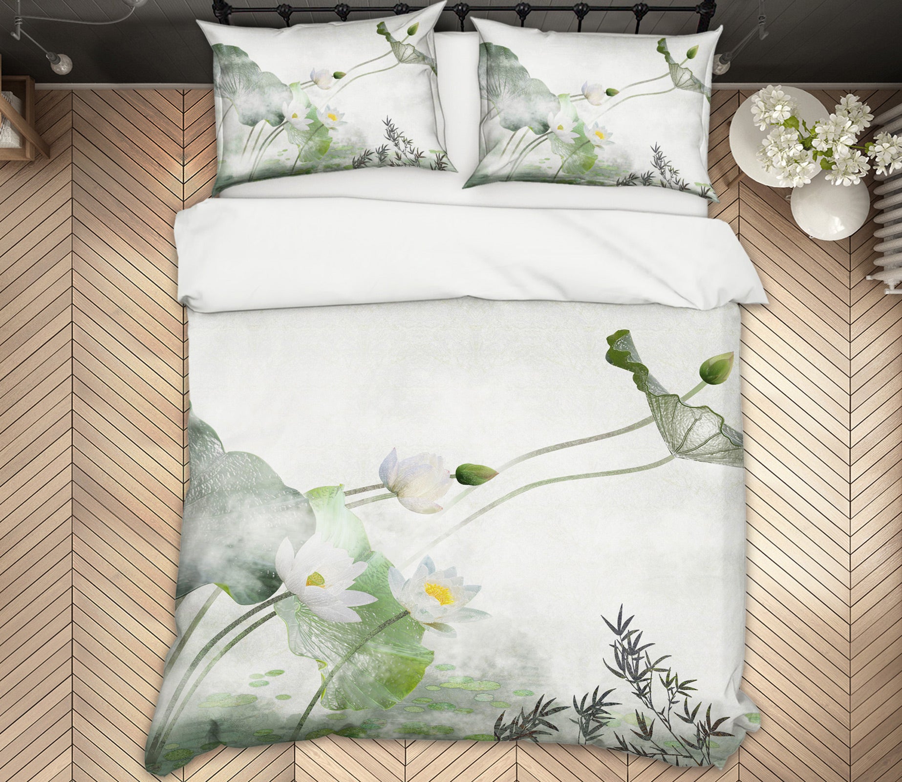 3D White Lotus 12090 Bed Pillowcases Quilt