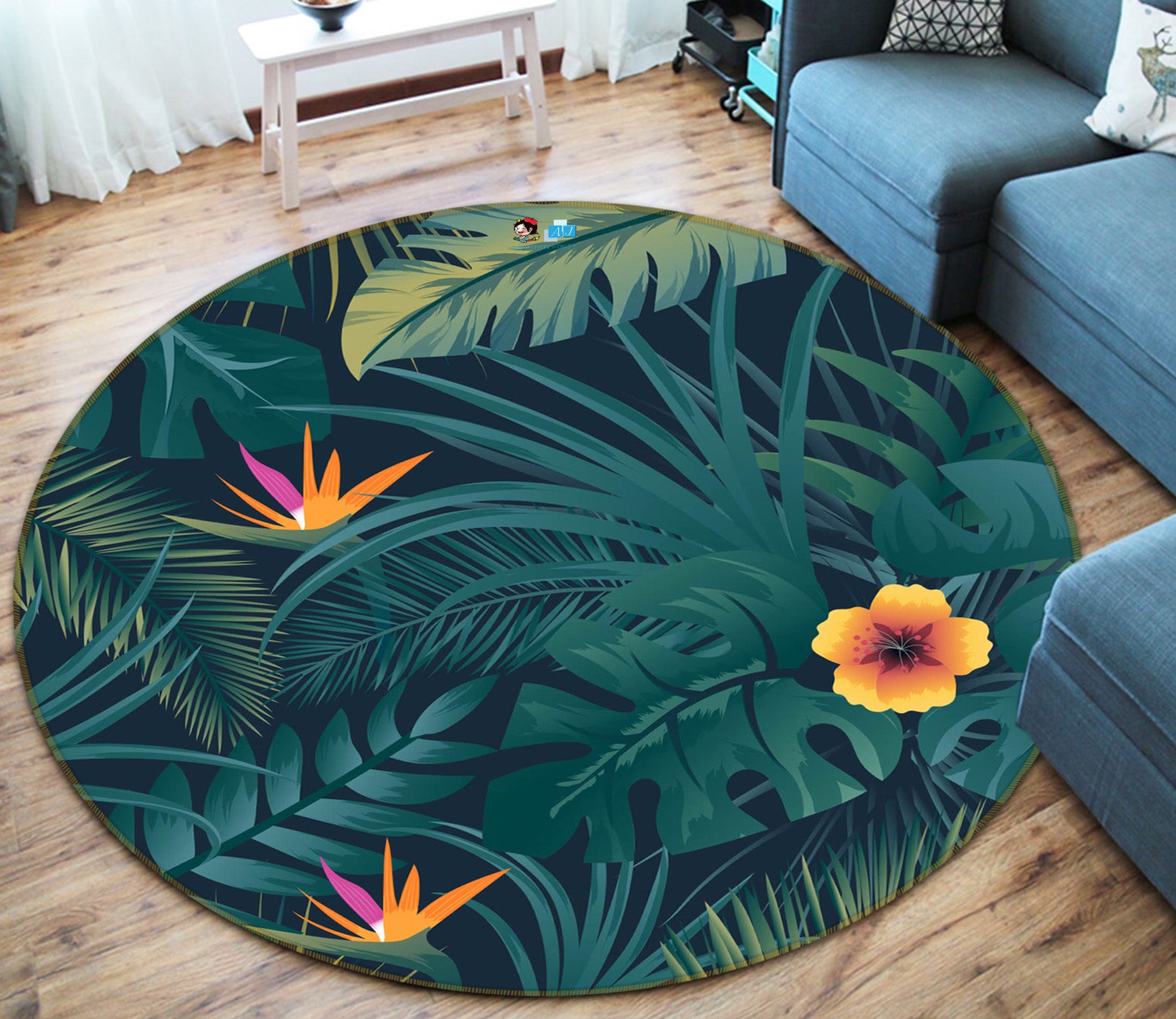 3D Leaves Little Flowers 71253 Round Non Slip Rug Mat