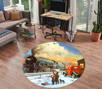 3D Train Station Snow 055 Kevin Walsh Rug Round Non Slip Rug Mat