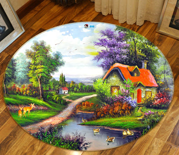 3D Oil Painting House 73003 Round Non Slip Rug Mat