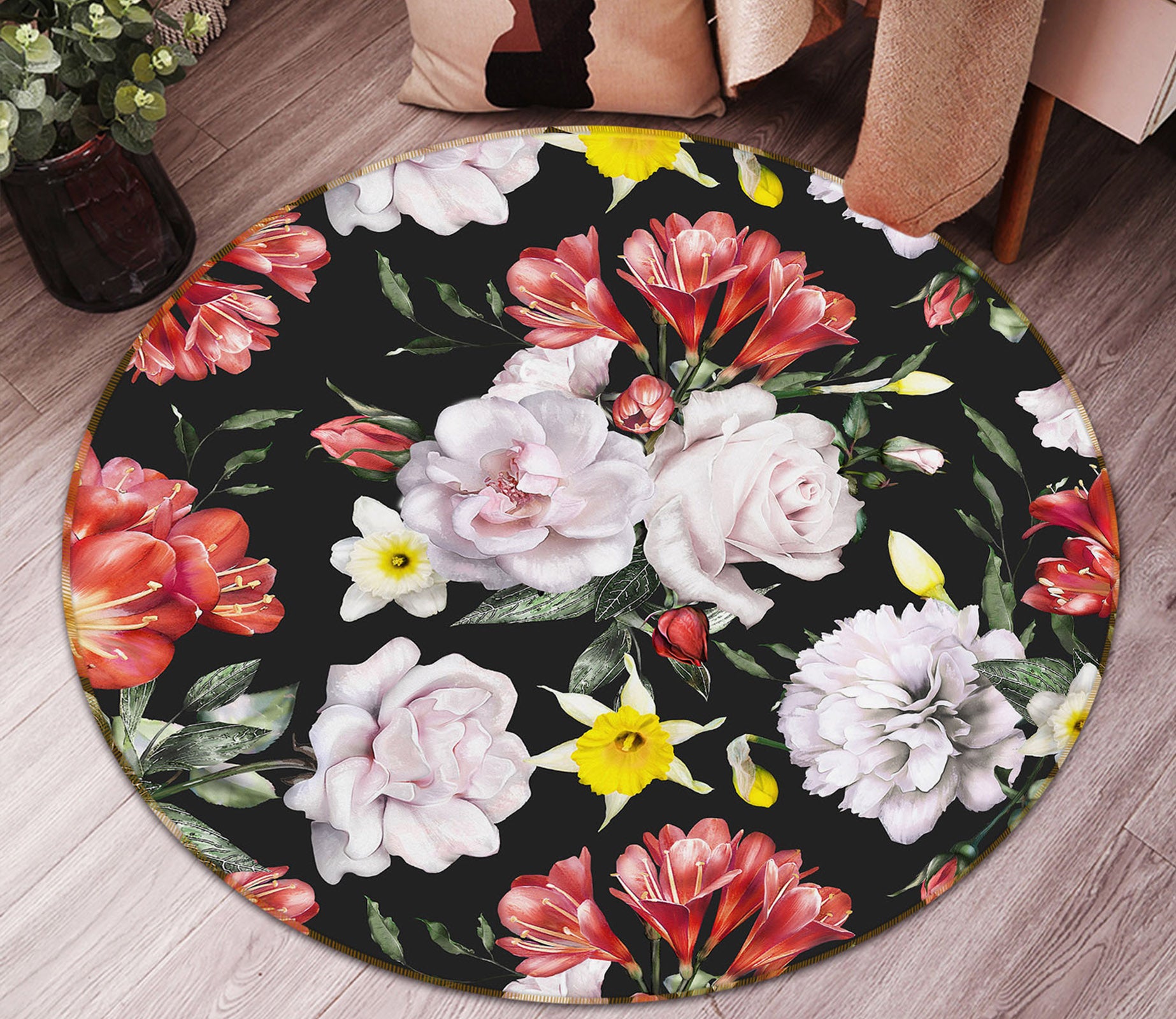 3D Flowers 29055 Round Non Slip Rug Mat