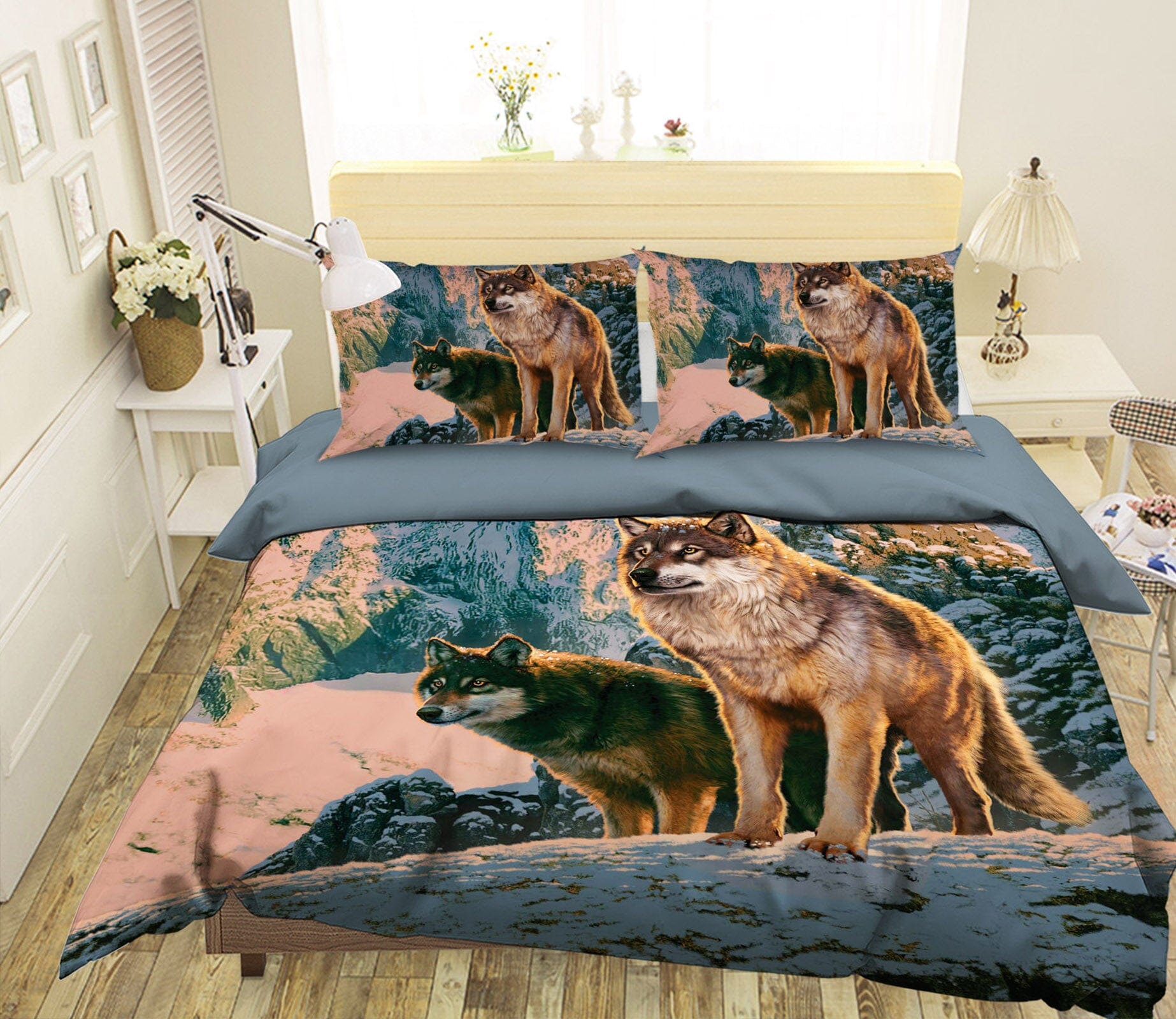 3D Wolf Couple In Sunset 102 Bed Pillowcases Quilt Exclusive Designer Vincent Quiet Covers AJ Creativity Home 