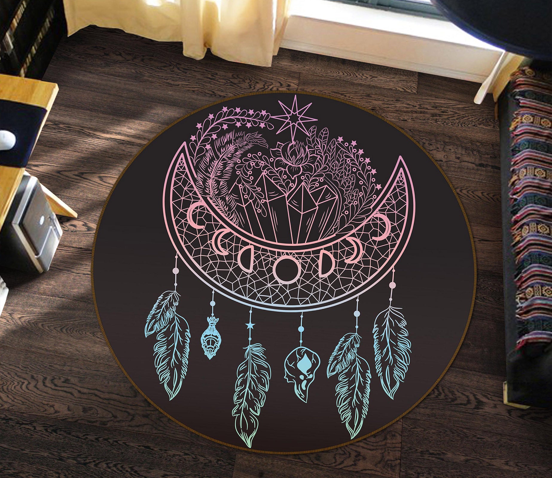 3D Moon Feather Pattern 29010 Round Non Slip Rug Mat