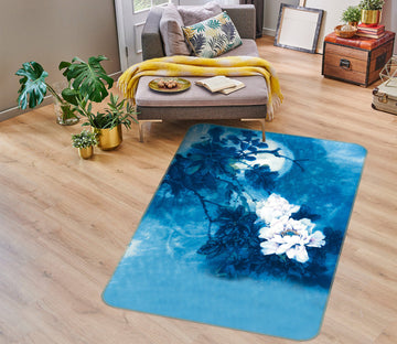 3D White Blue Flowers 76082 Non Slip Rug Mat