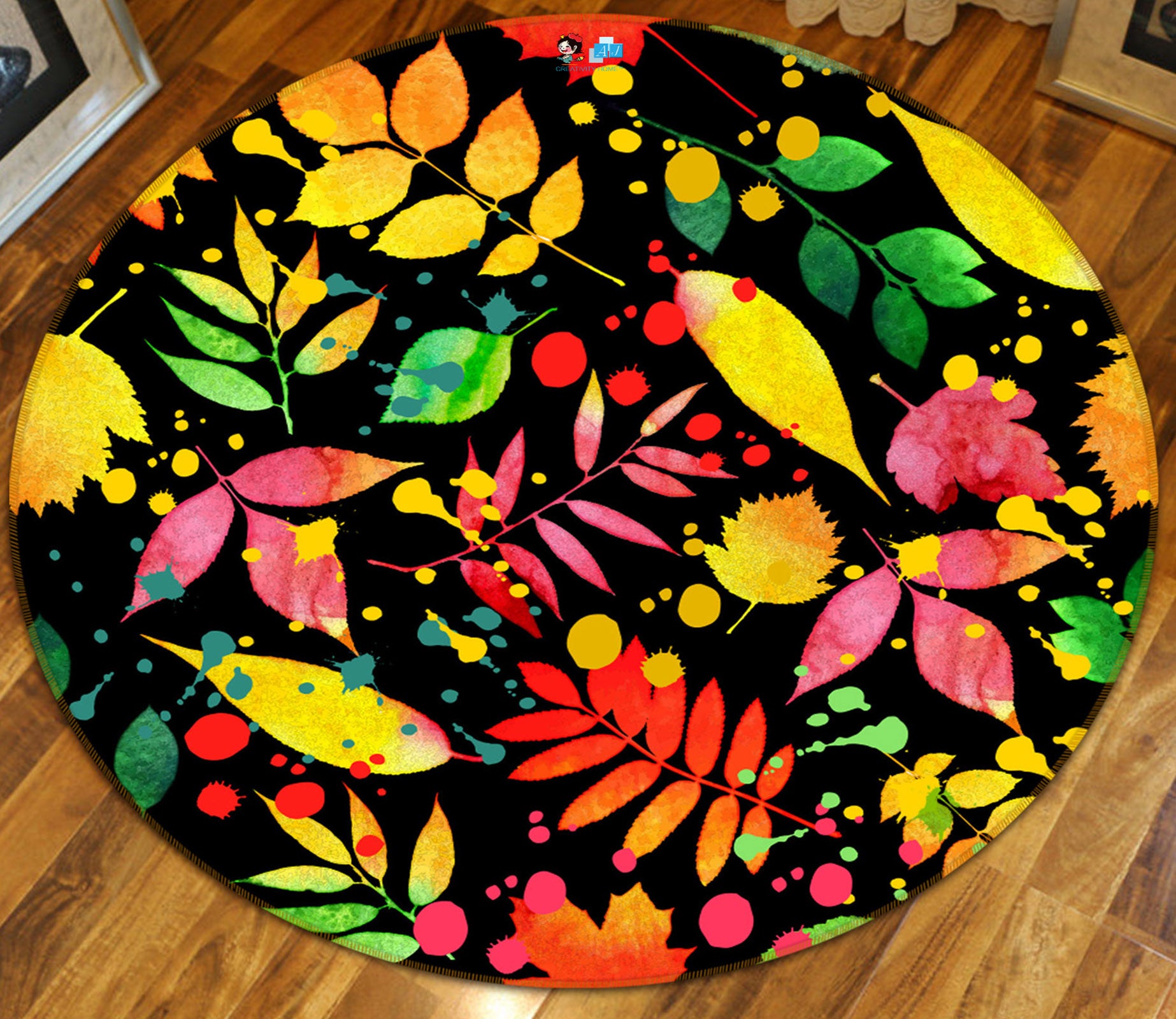 3D Colored Leaves 71258 Round Non Slip Rug Mat