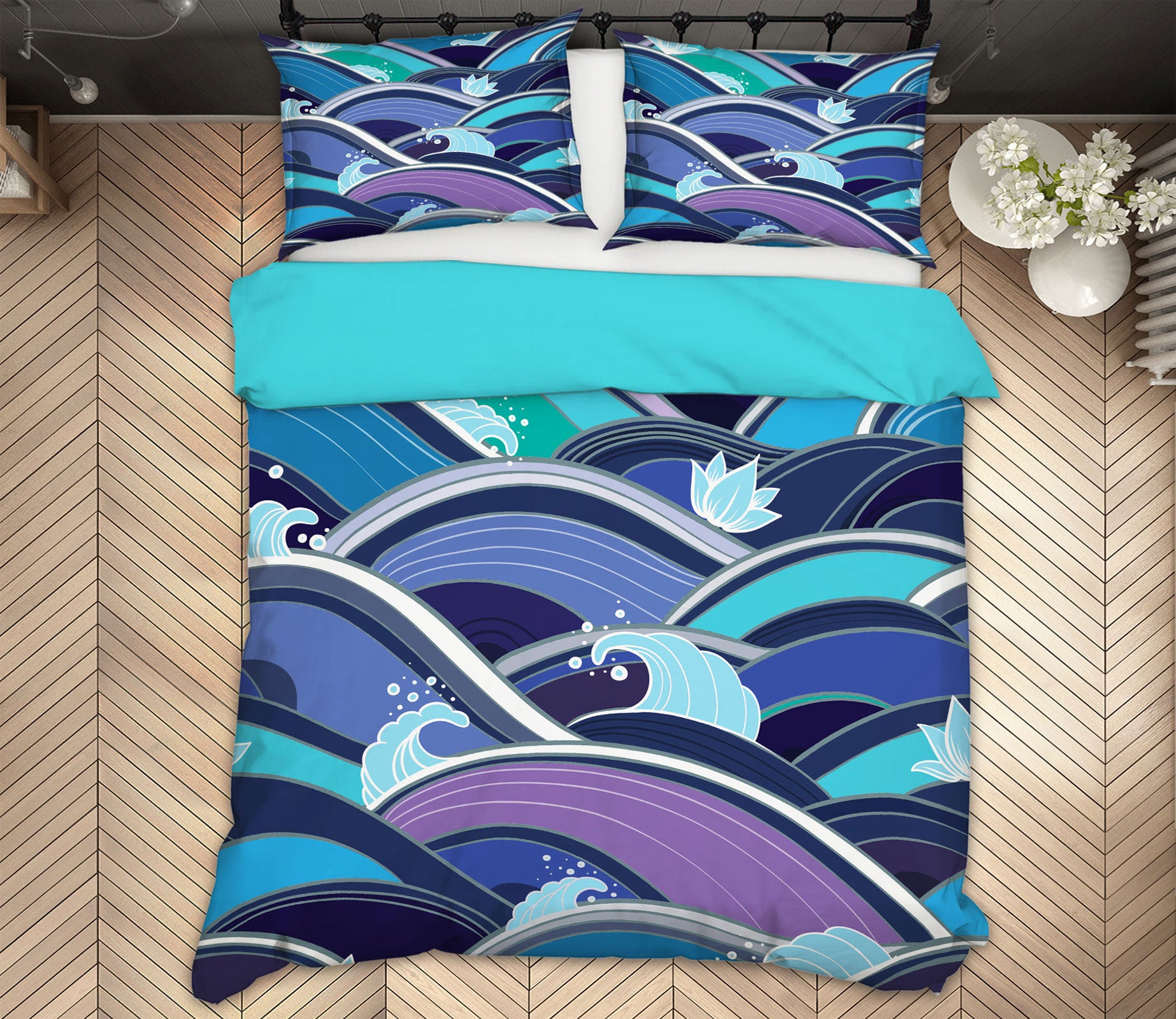 3D Blue Purple Waves 59094 Bed Pillowcases Quilt