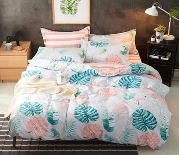 3D Green Pink Leaves 2148 Bed Pillowcases Quilt