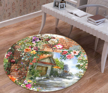 3D Flower Bush Cabin 71241 Round Non Slip Rug Mat