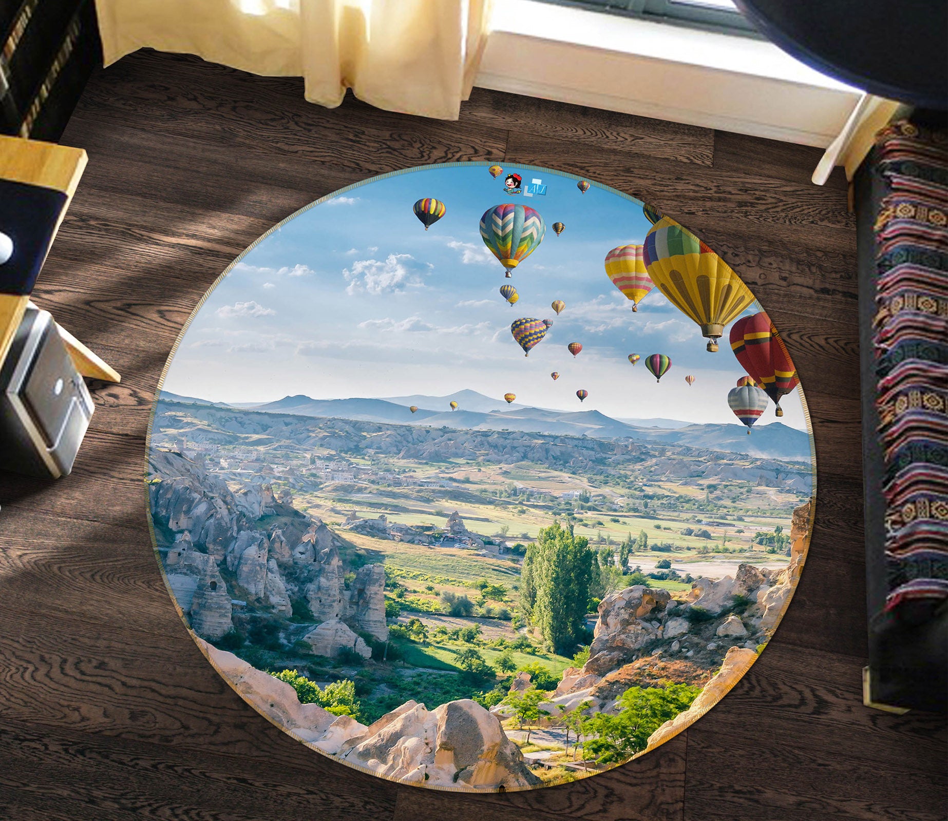 3D Mountains Hot Air Balloon 69193 Round Non Slip Rug Mat