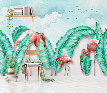 3D Flamingo Big Leaves WC575 Wall Murals