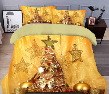 3D Golden Tree Five-Pointed Star 45145 Christmas Quilt Duvet Cover Xmas Bed Pillowcases