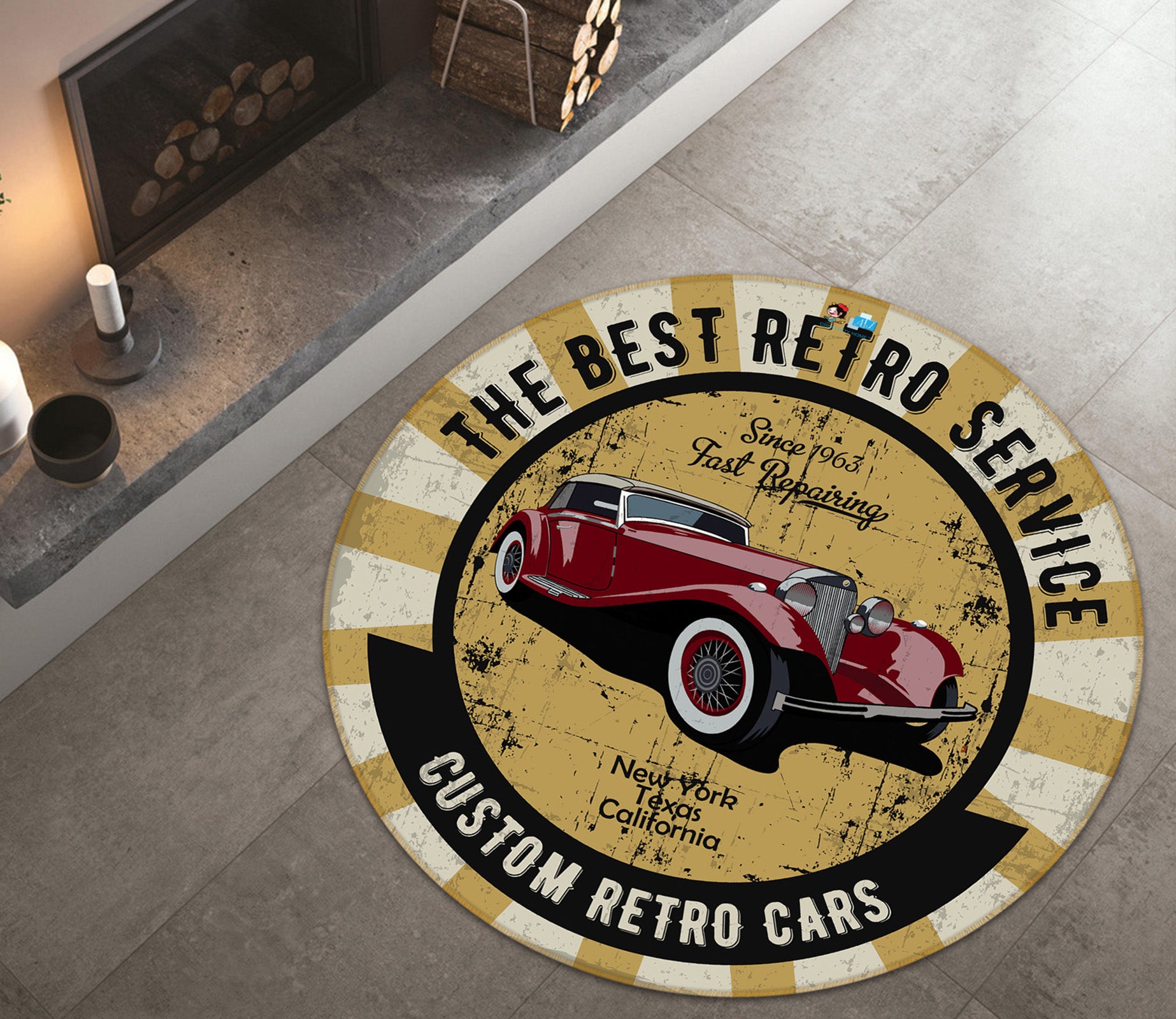 3D Retro Car 74265 Round Non Slip Rug Mat