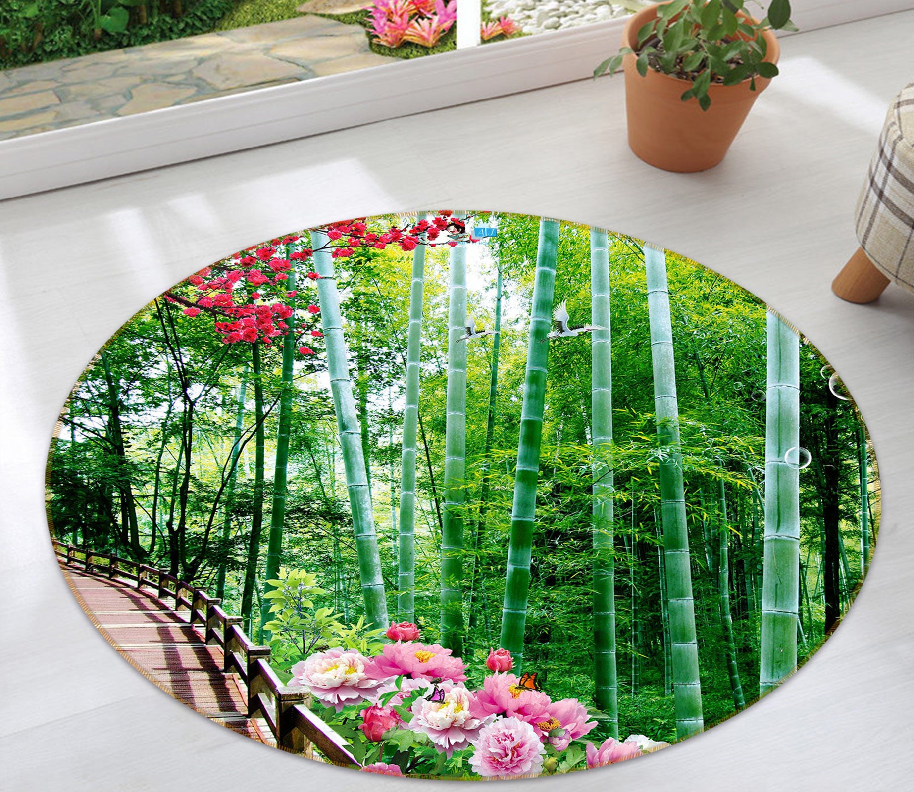 3D Bamboo Forest Flower 81018 Round Non Slip Rug Mat